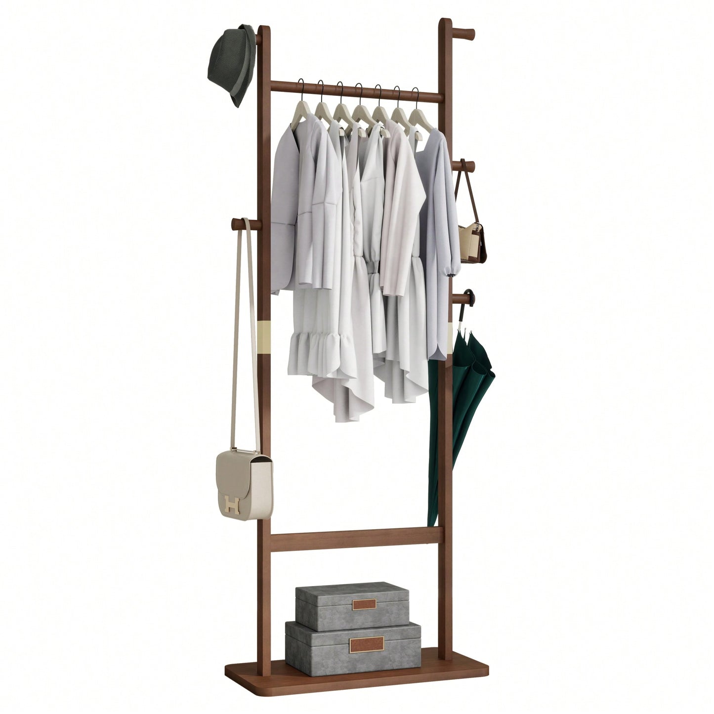 Solid Wood Coat Rack Hanger 23.6x11x64.1in Friendly Stylish Design For Bedroom Entrance Living Room Walnut Finish