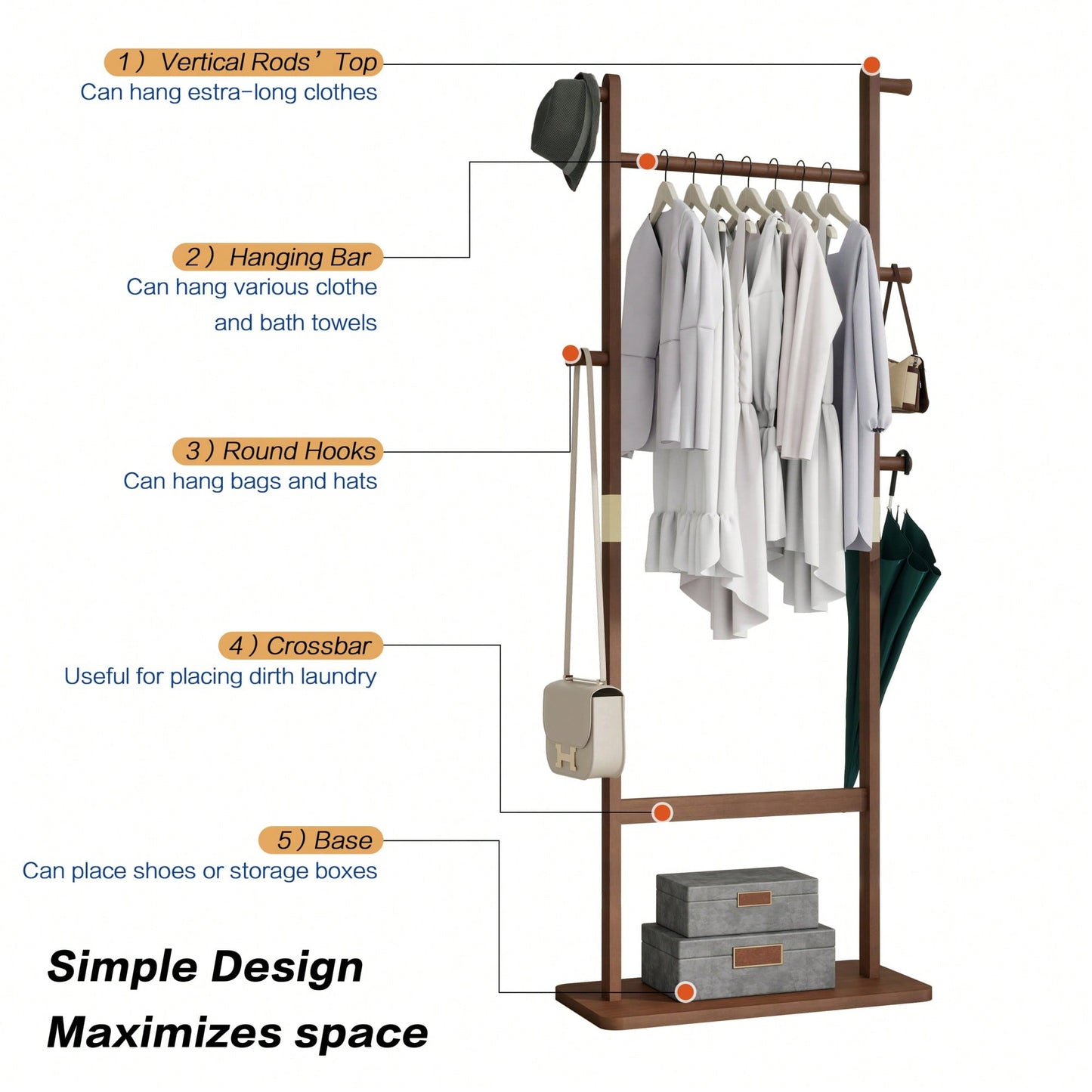 Solid Wood Coat Rack Hanger 23.6x11x64.1in Friendly Stylish Design For Bedroom Entrance Living Room Walnut Finish