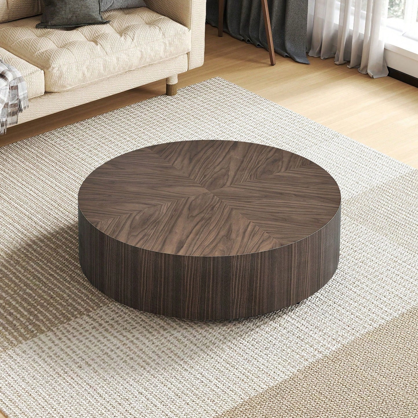 Modern Round Coffee Table For Living Room MDF Drum Center Table Walnut Finish No Assembly Required