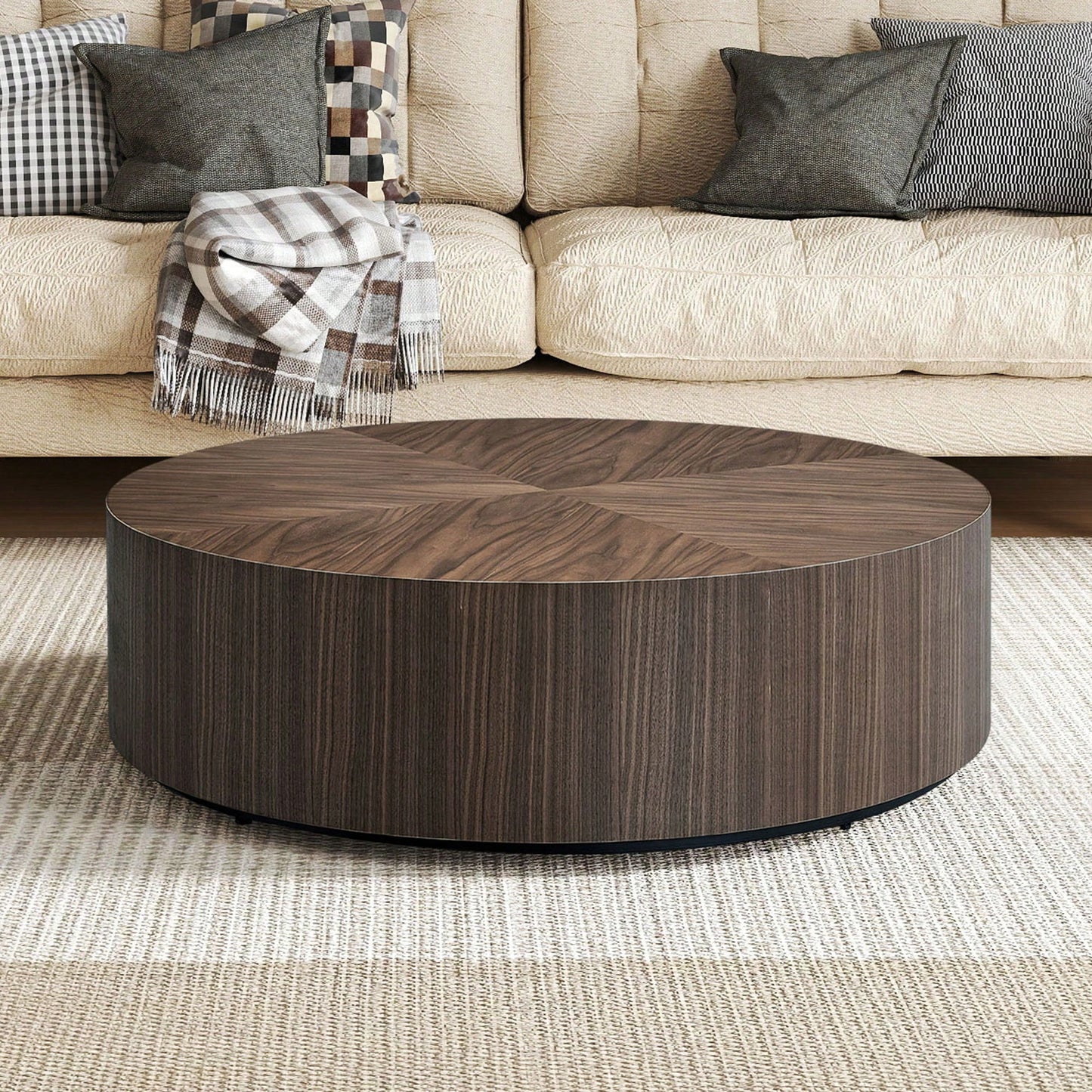 Modern Round Coffee Table For Living Room MDF Drum Center Table Walnut Finish No Assembly Required