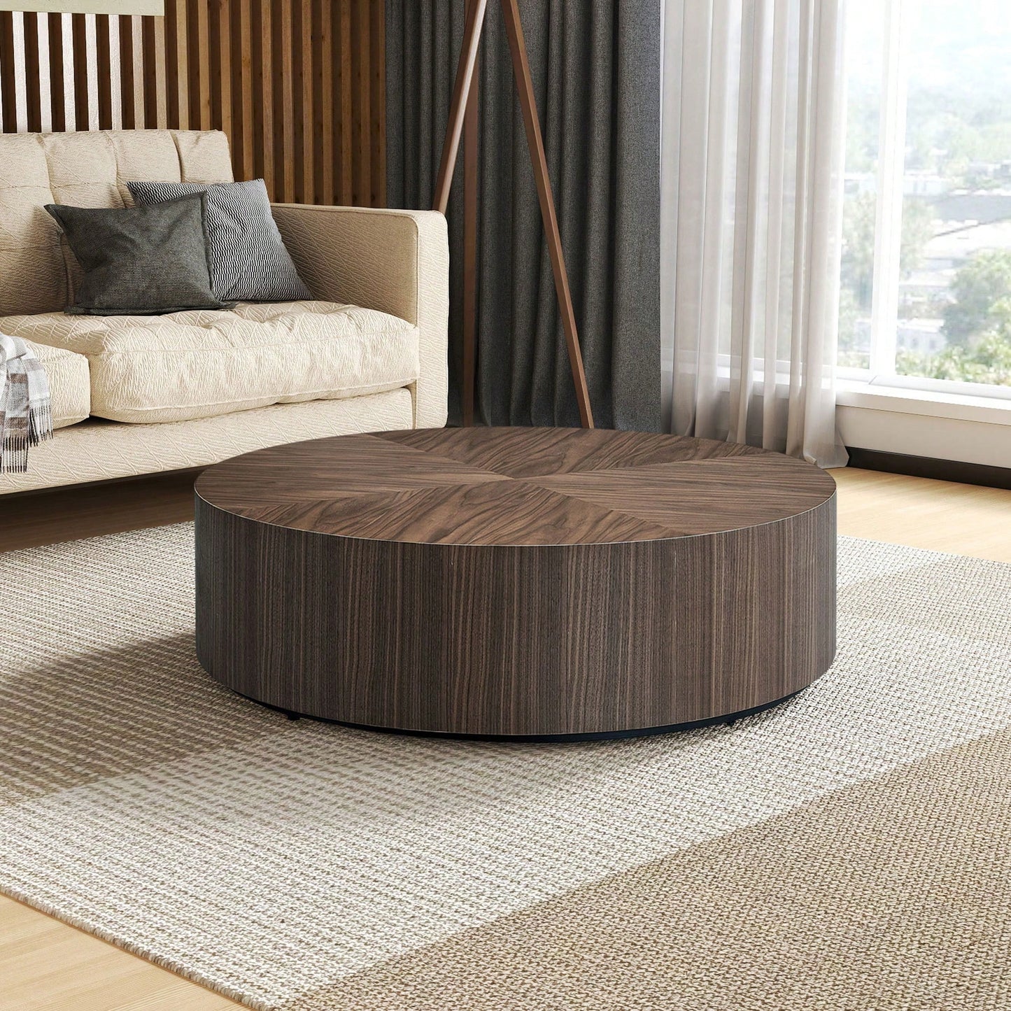 Modern Round Coffee Table For Living Room MDF Drum Center Table Walnut Finish No Assembly Required