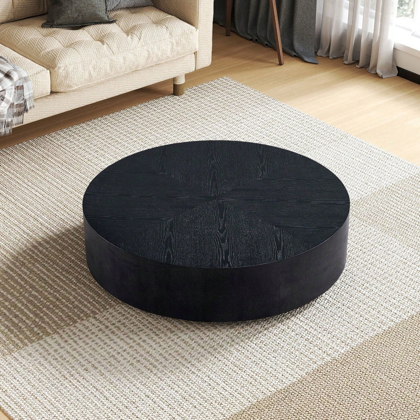 Modern Round Coffee Table For Living Room MDF Drum Center Table Walnut Finish No Assembly Required