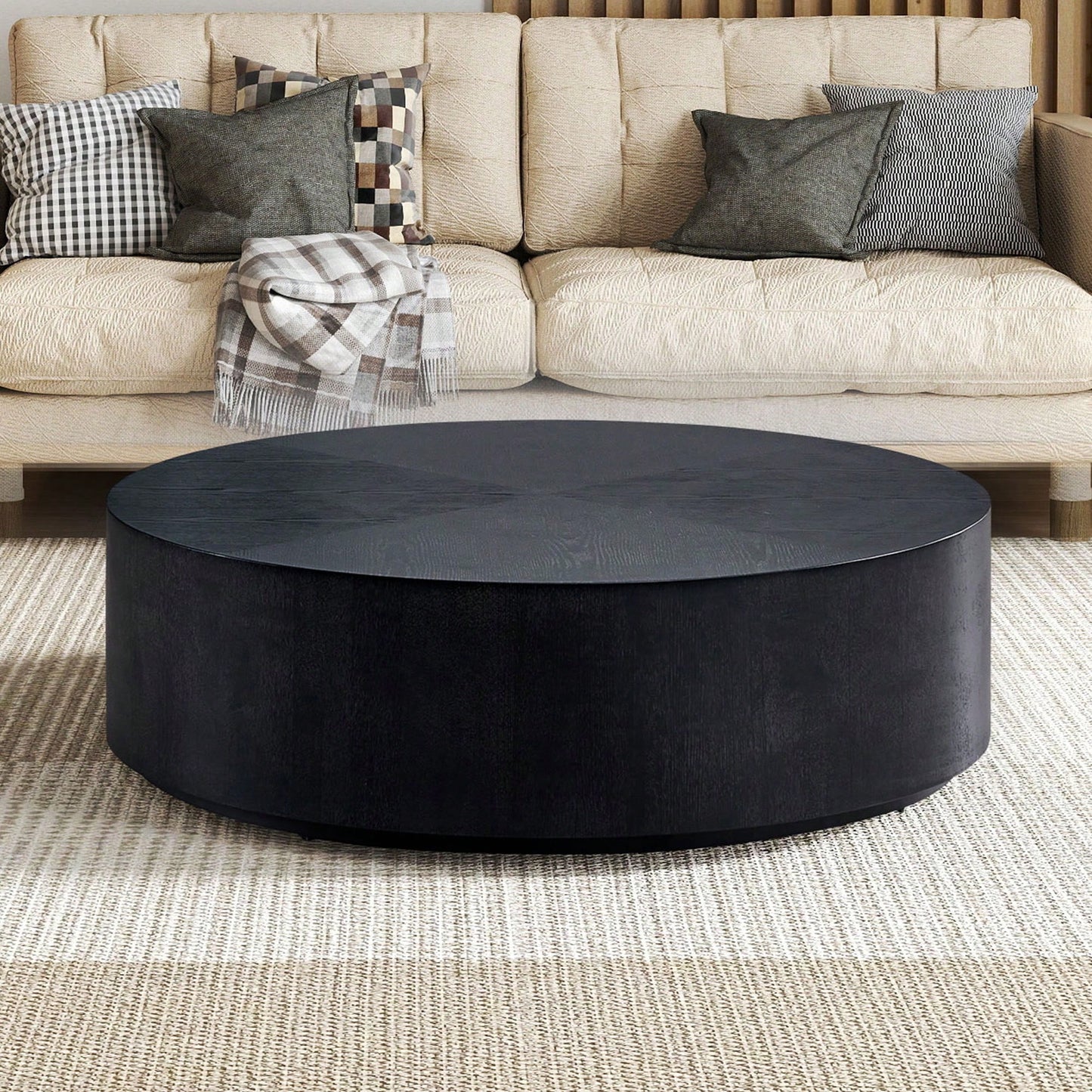 Modern Round Coffee Table For Living Room MDF Drum Center Table Walnut Finish No Assembly Required