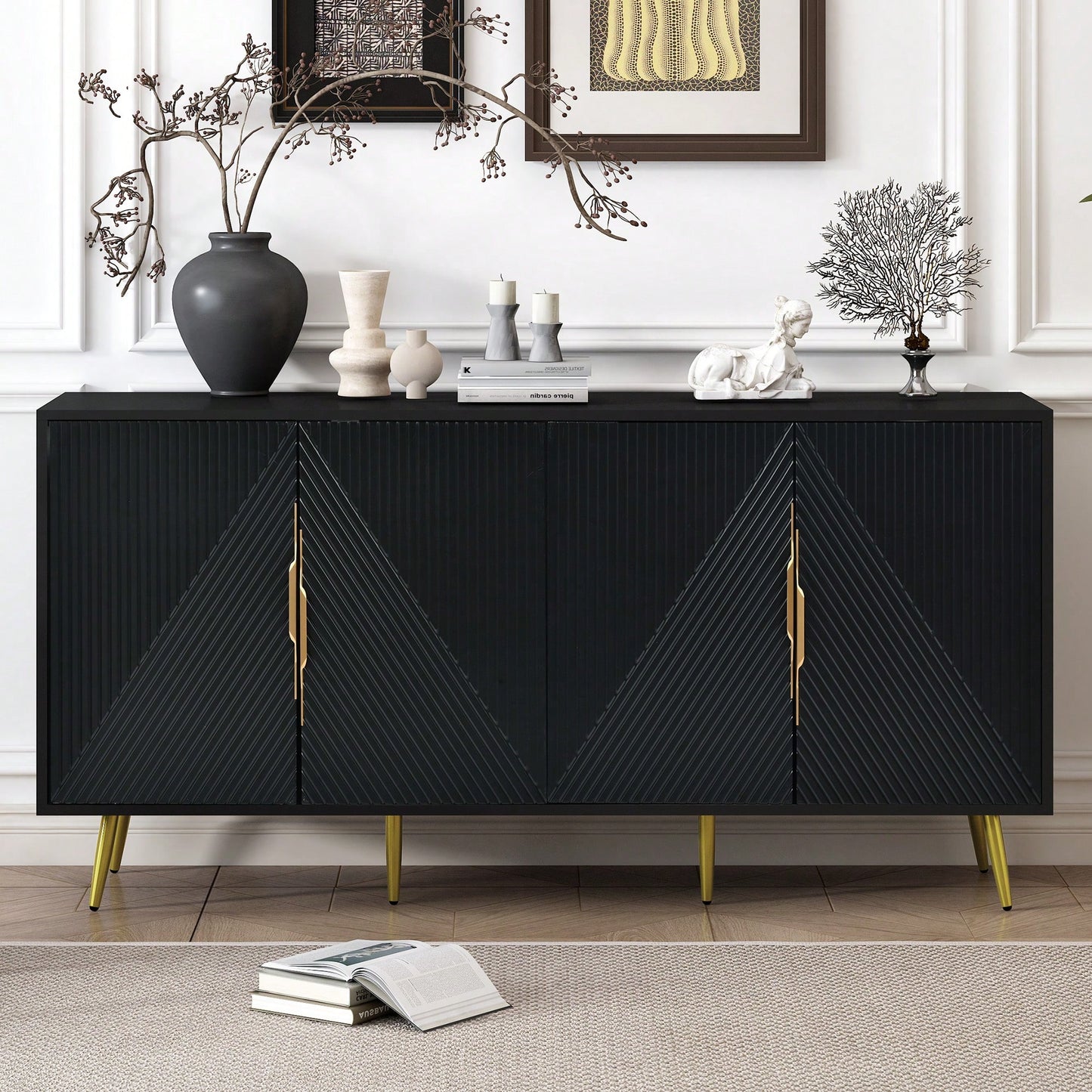 Geometric Wave Design Sideboard With Adjustable Features And Conical Legs For Study Entryway And Living Room