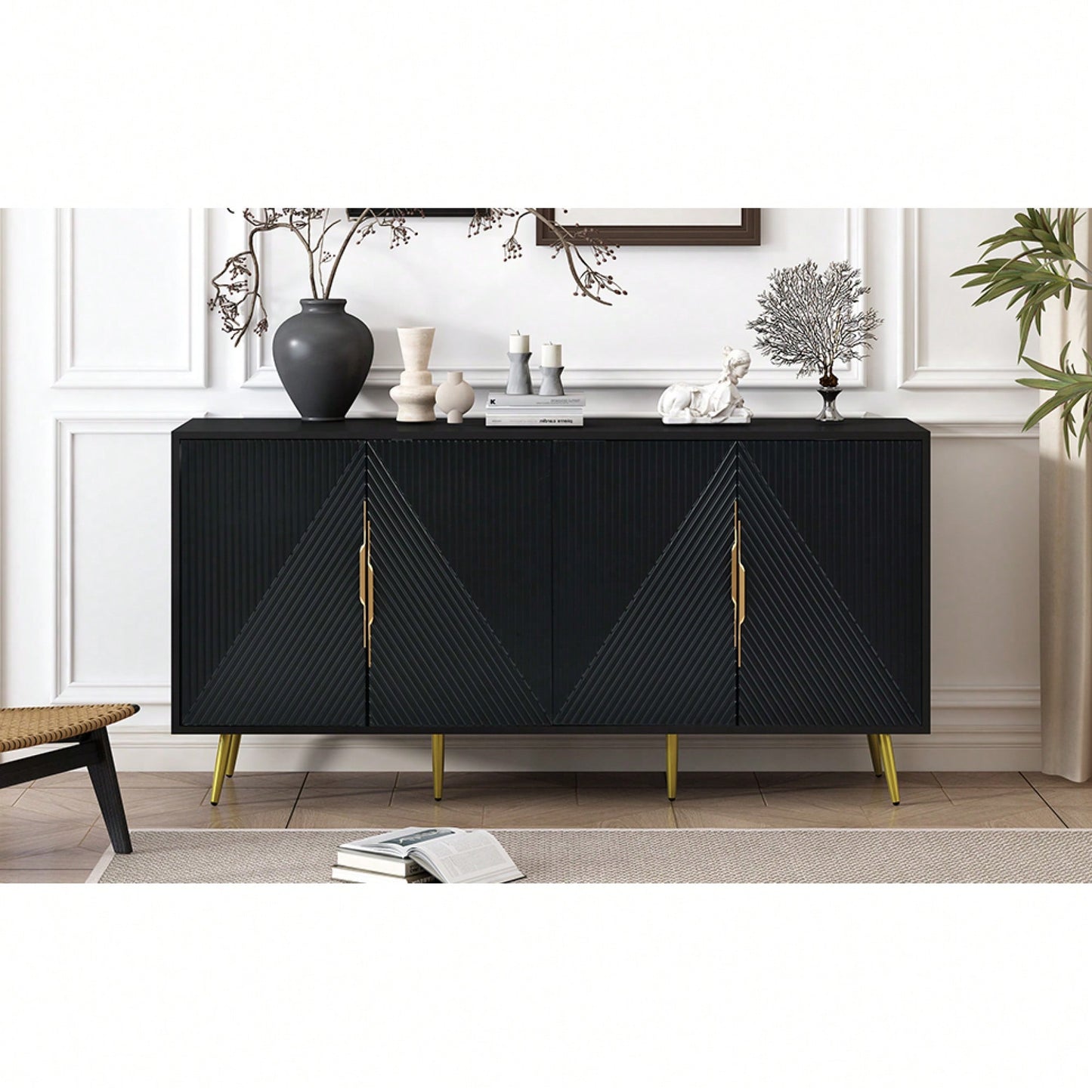 Geometric Wave Design Sideboard With Adjustable Features And Conical Legs For Study Entryway And Living Room