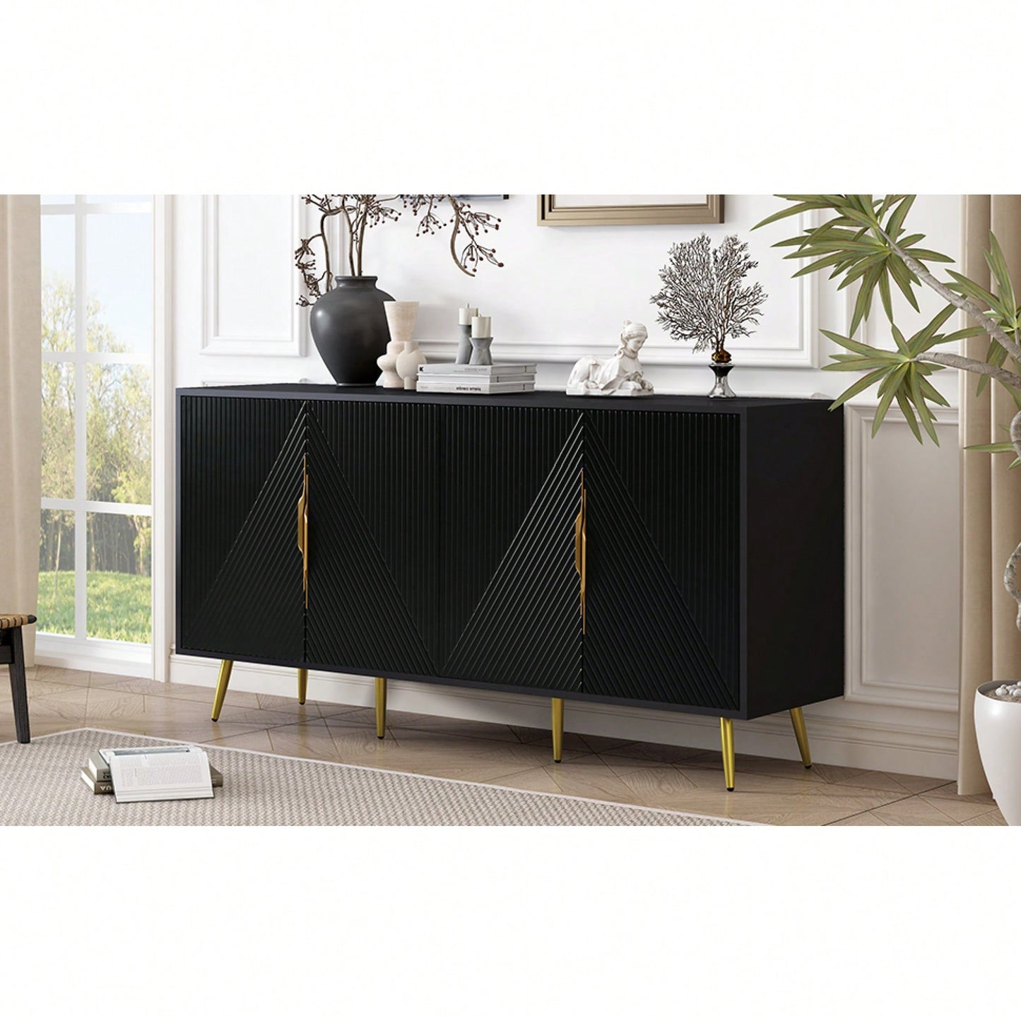 Geometric Wave Design Sideboard With Adjustable Features And Conical Legs For Study Entryway And Living Room
