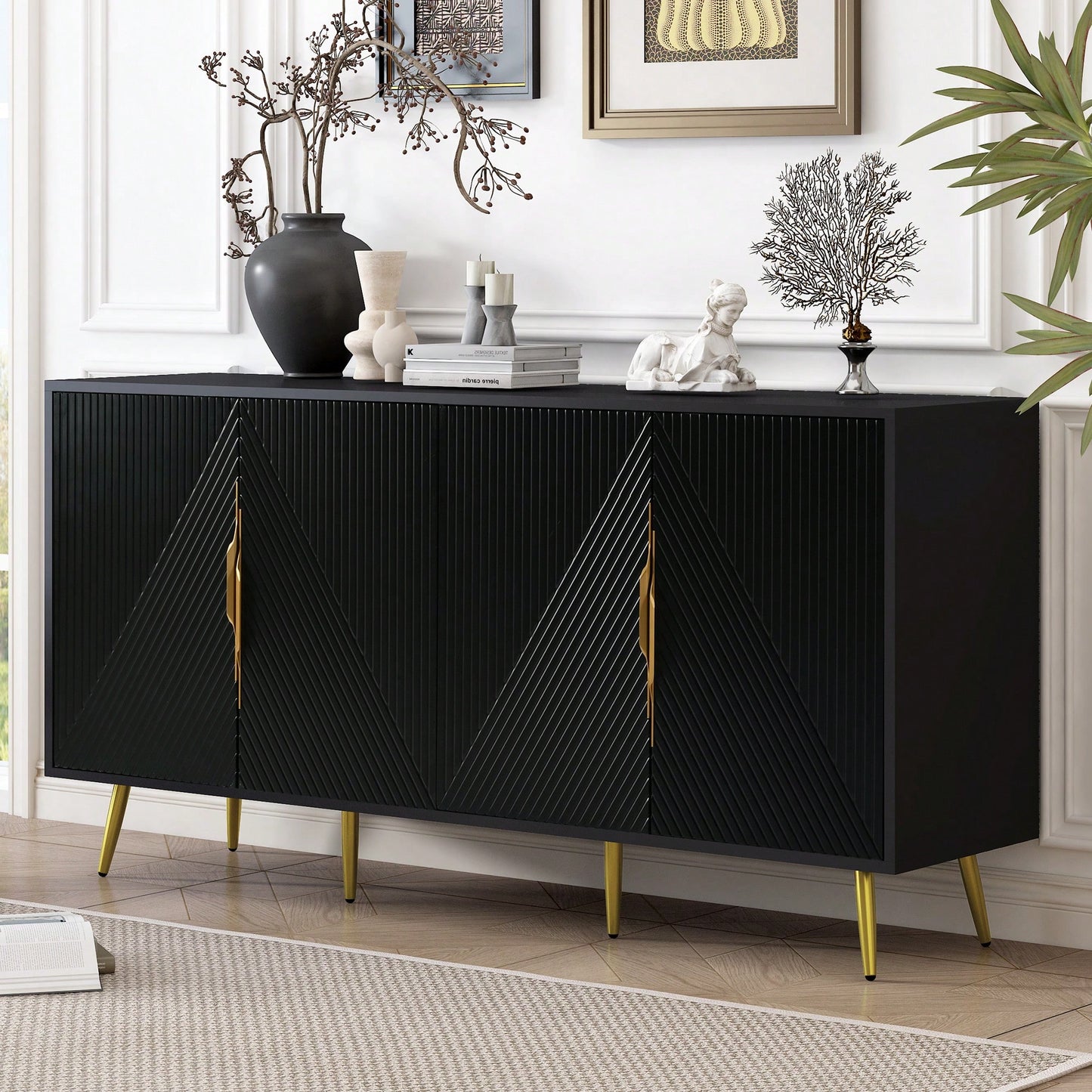 Geometric Wave Design Sideboard With Adjustable Features And Conical Legs For Study Entryway And Living Room