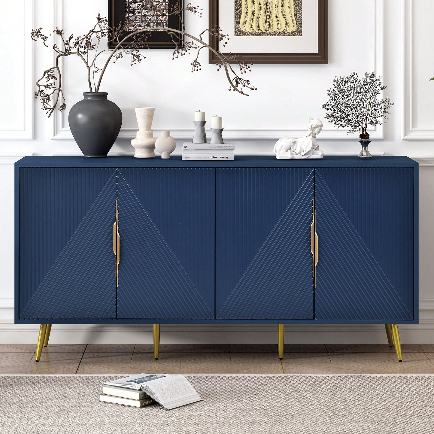 Geometric Wave Design Sideboard With Adjustable Features And Conical Legs For Study Entryway And Living Room