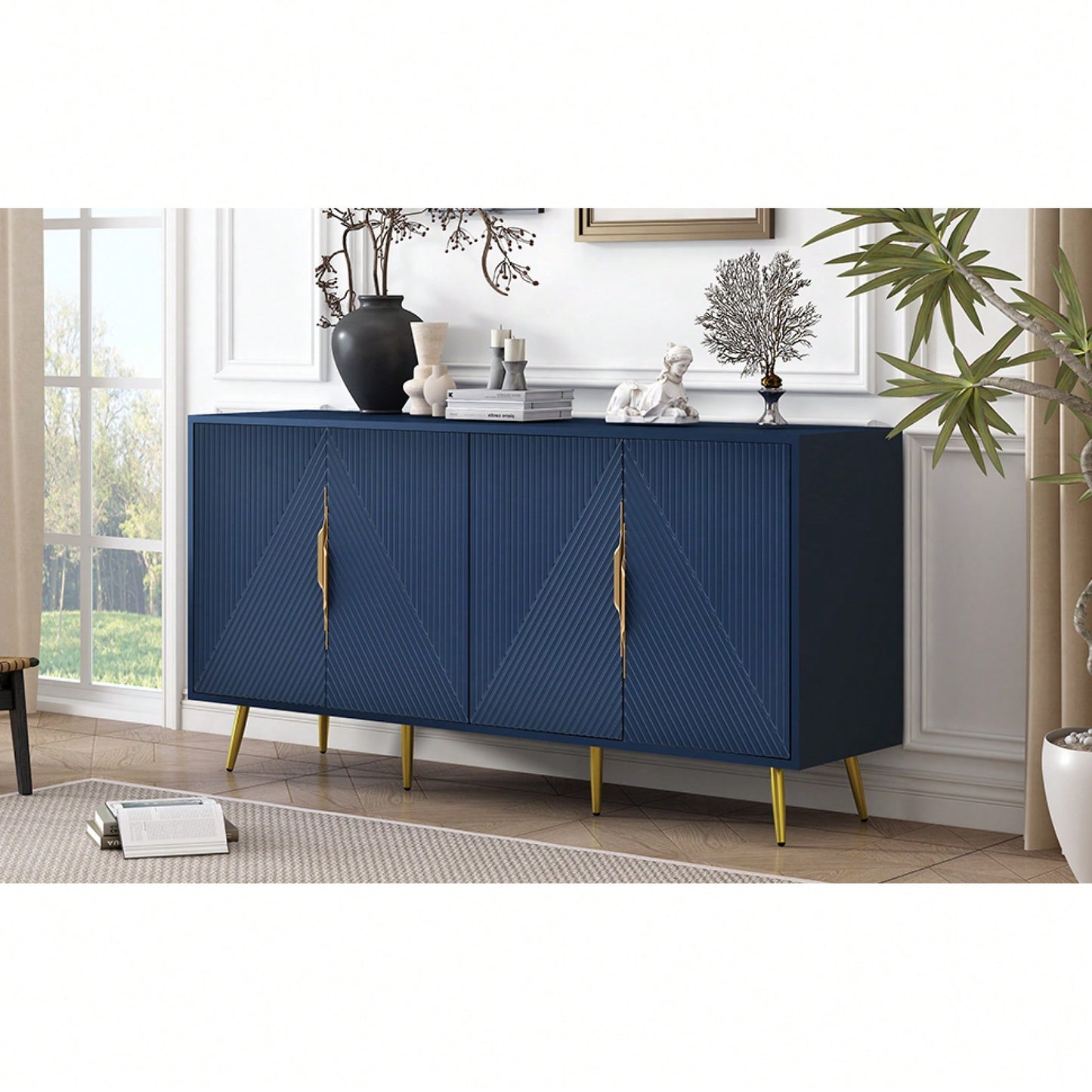 Geometric Wave Design Sideboard With Adjustable Features And Conical Legs For Study Entryway And Living Room