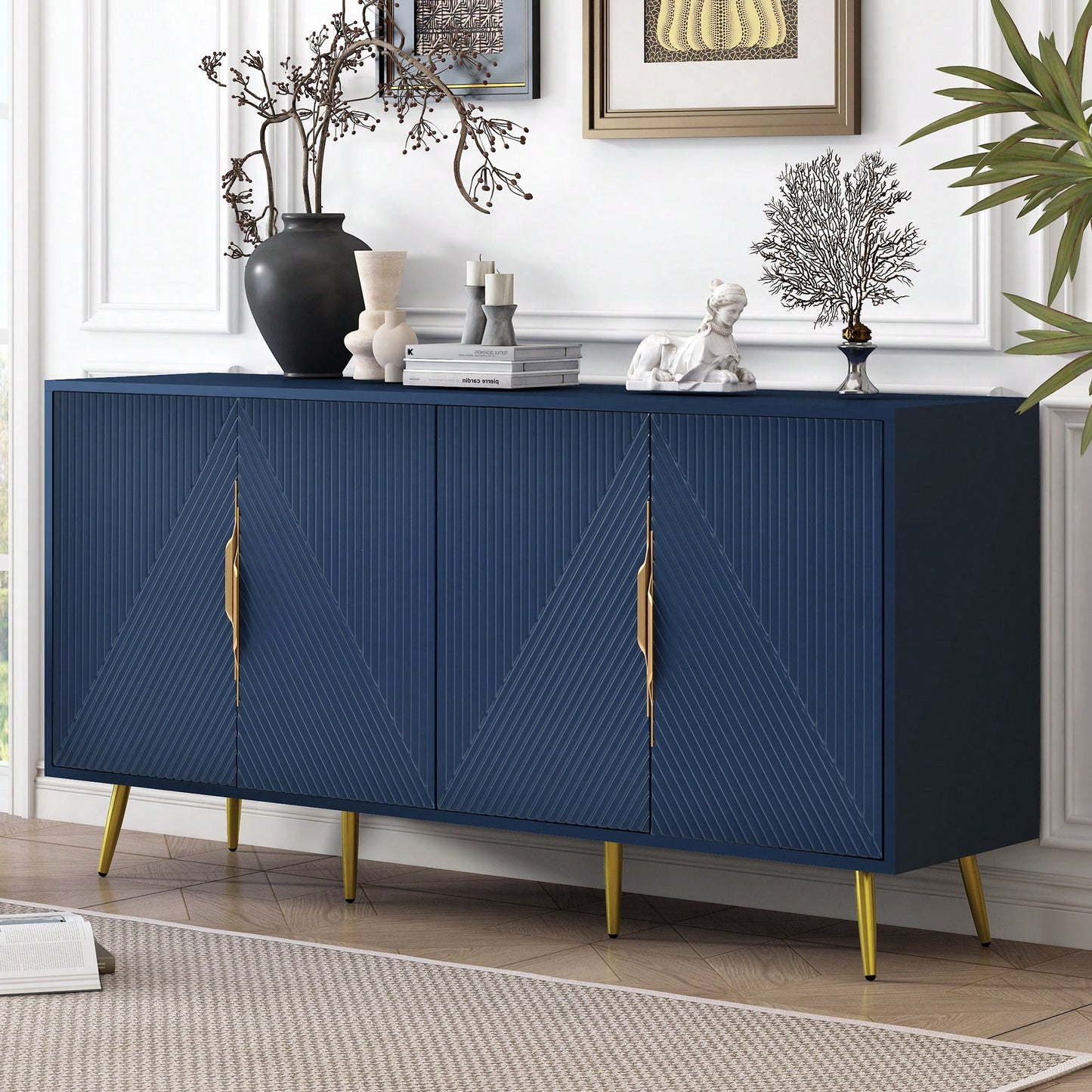 Geometric Wave Design Sideboard With Adjustable Features And Conical Legs For Study Entryway And Living Room