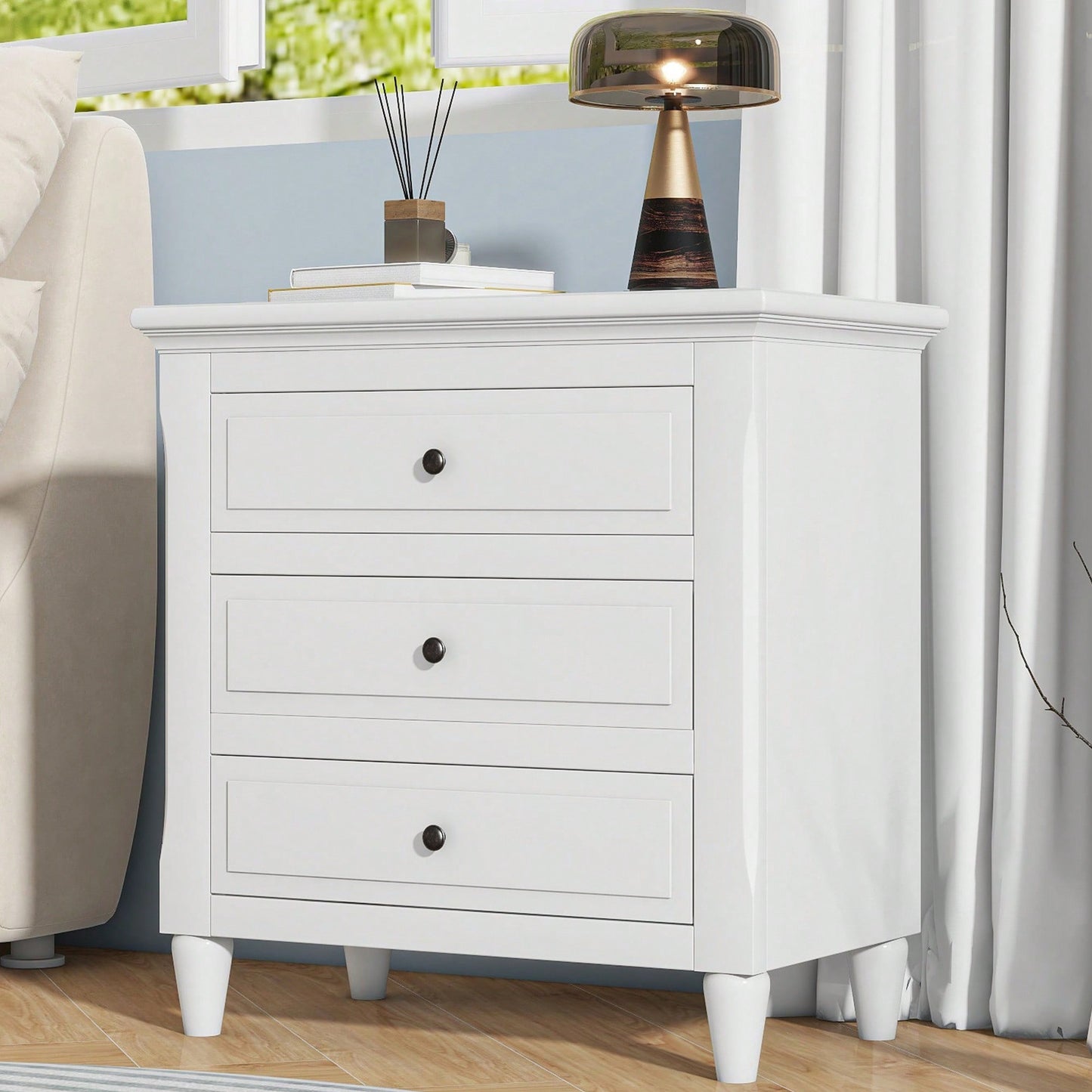 Elegant 3-Drawer Wooden Nightstand With Ample Storage Space For Bedroom Furniture