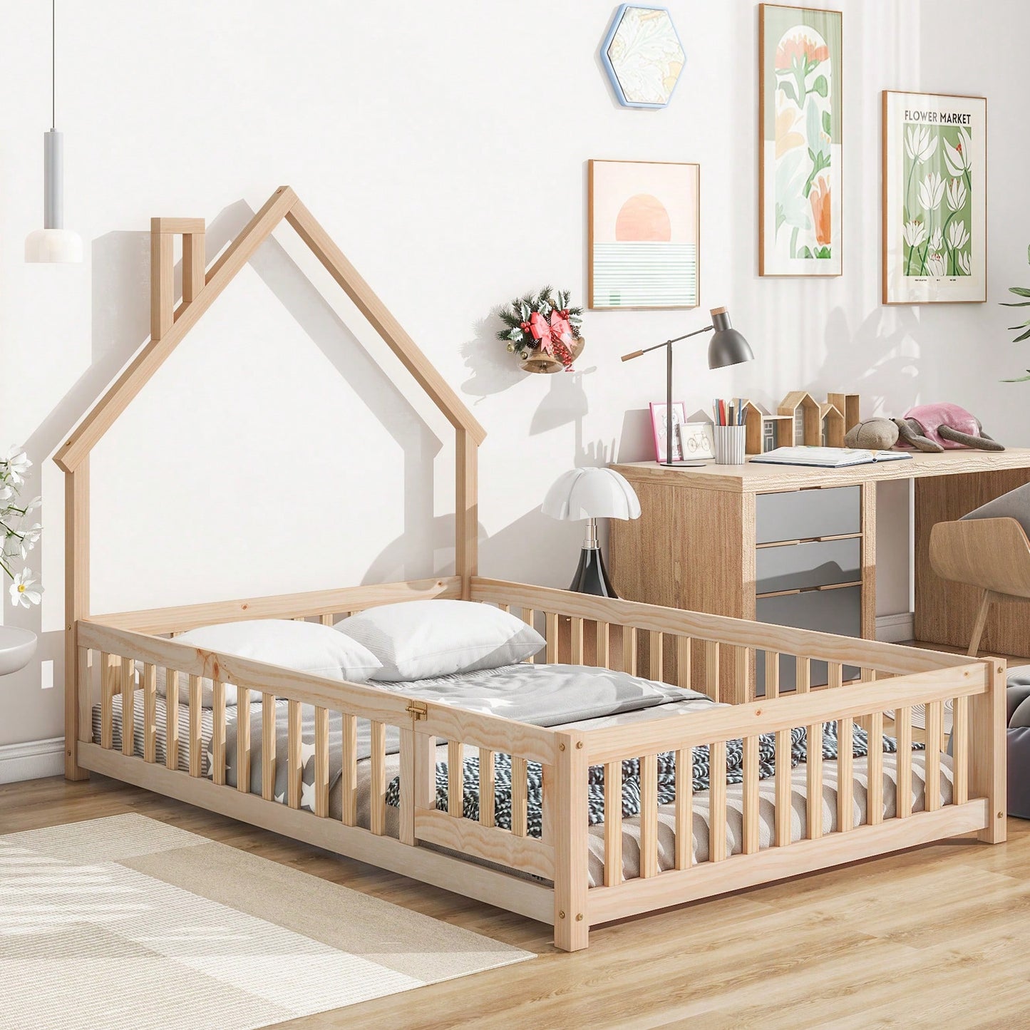 Grey Full House-Shaped Headboard Floor Bed With Safety Fence For Kids Room