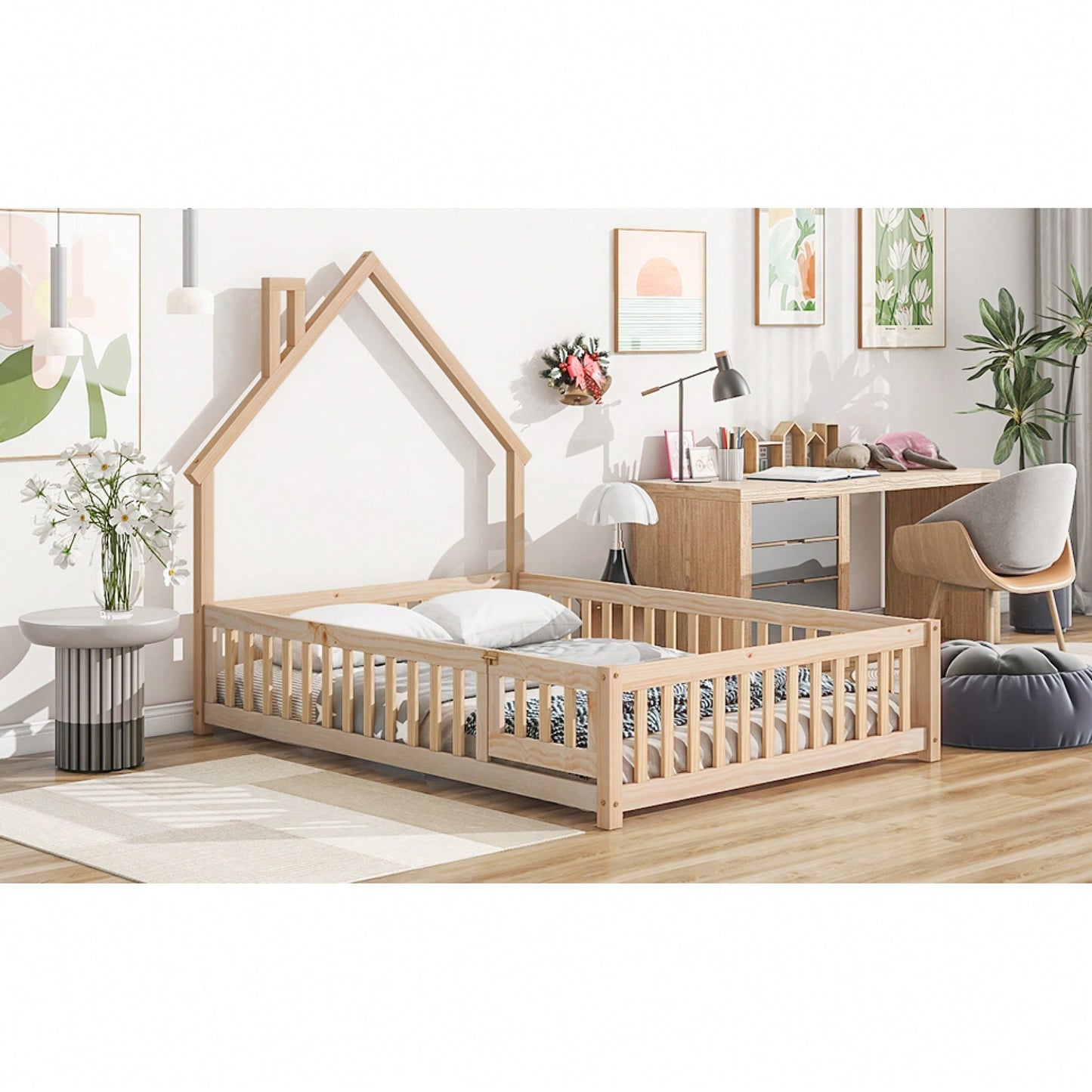 Grey Full House-Shaped Headboard Floor Bed With Safety Fence For Kids Room