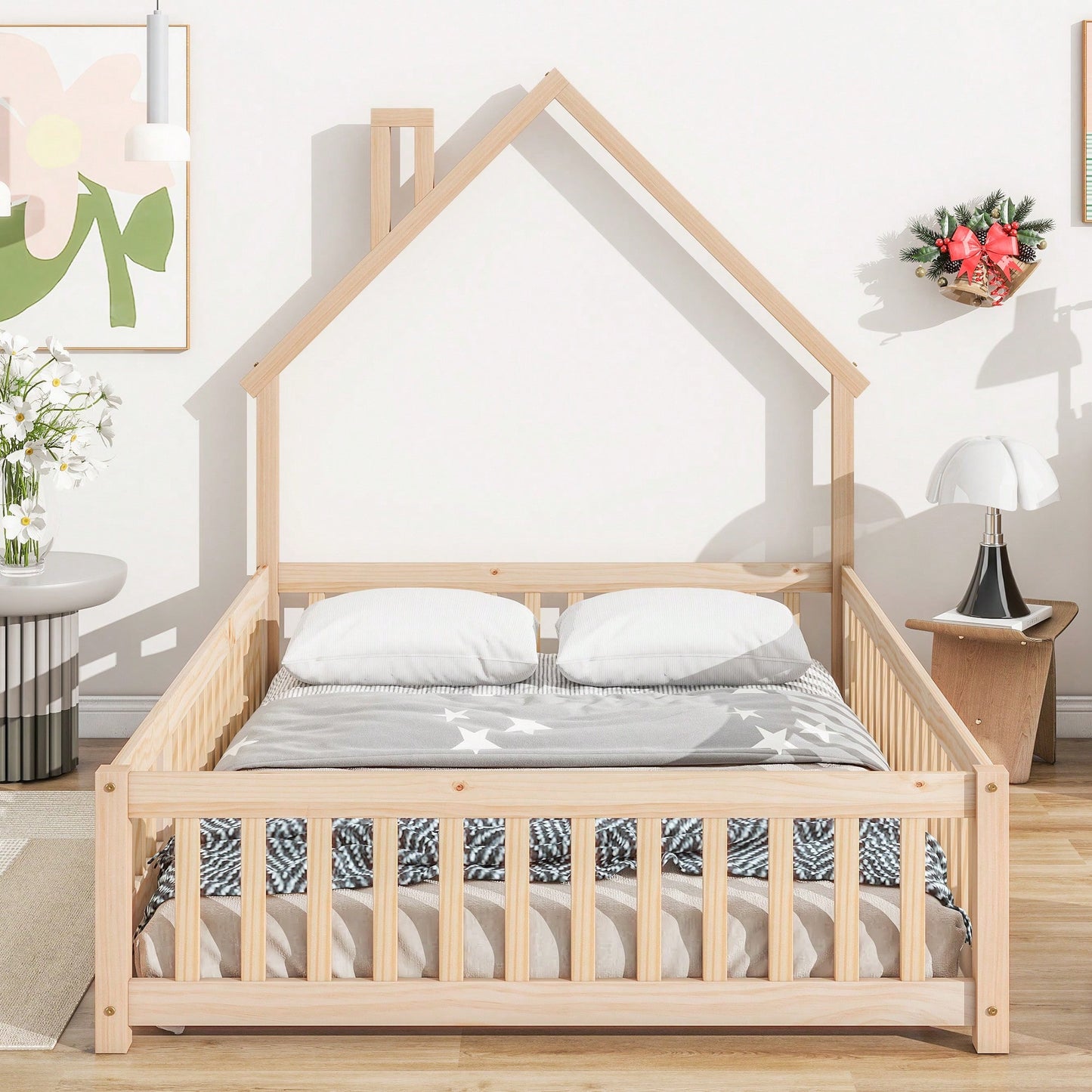 Grey Full House-Shaped Headboard Floor Bed With Safety Fence For Kids Room