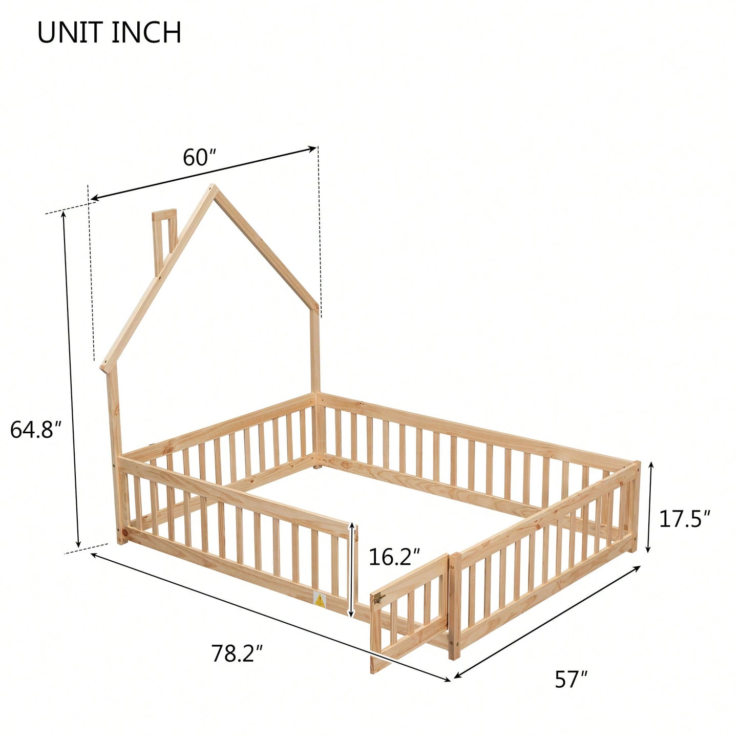 Grey Full House-Shaped Headboard Floor Bed With Safety Fence For Kids Room