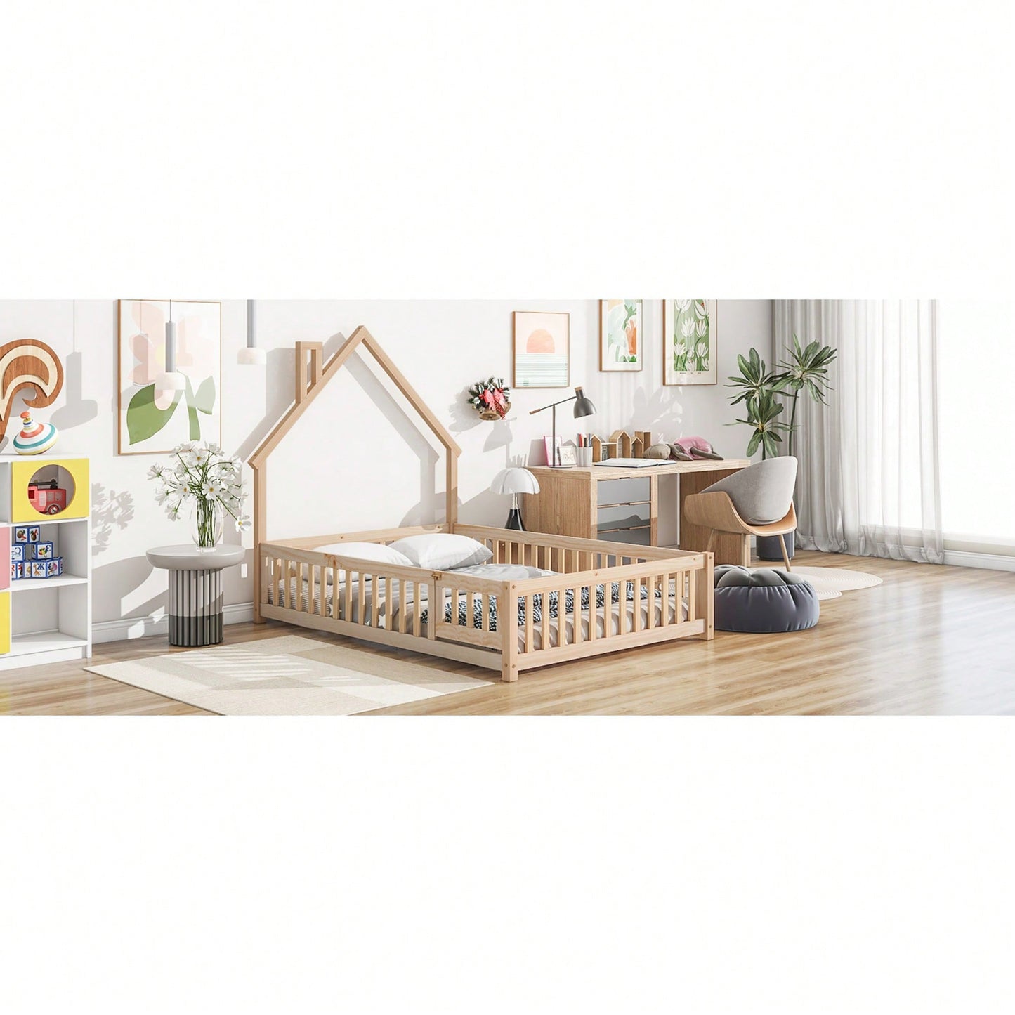 Grey Full House-Shaped Headboard Floor Bed With Safety Fence For Kids Room