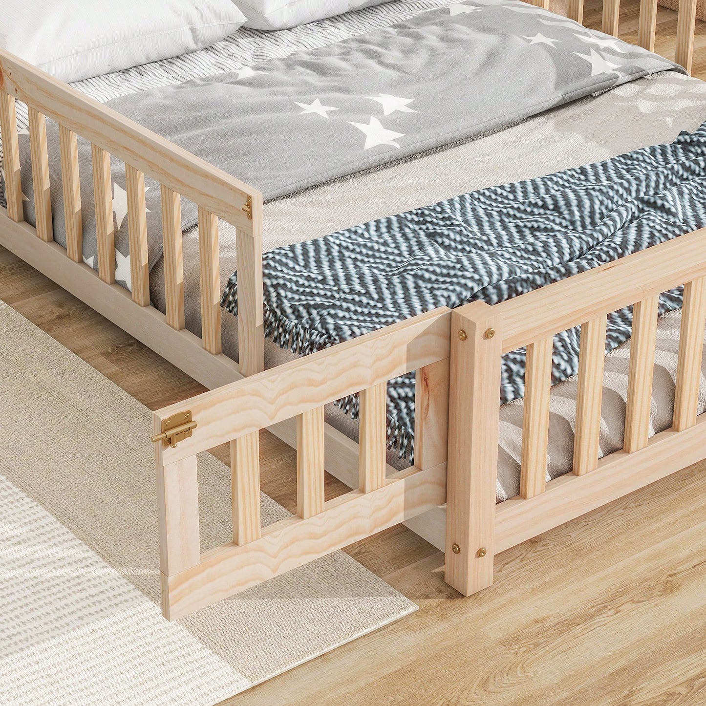 Grey Full House-Shaped Headboard Floor Bed With Safety Fence For Kids Room