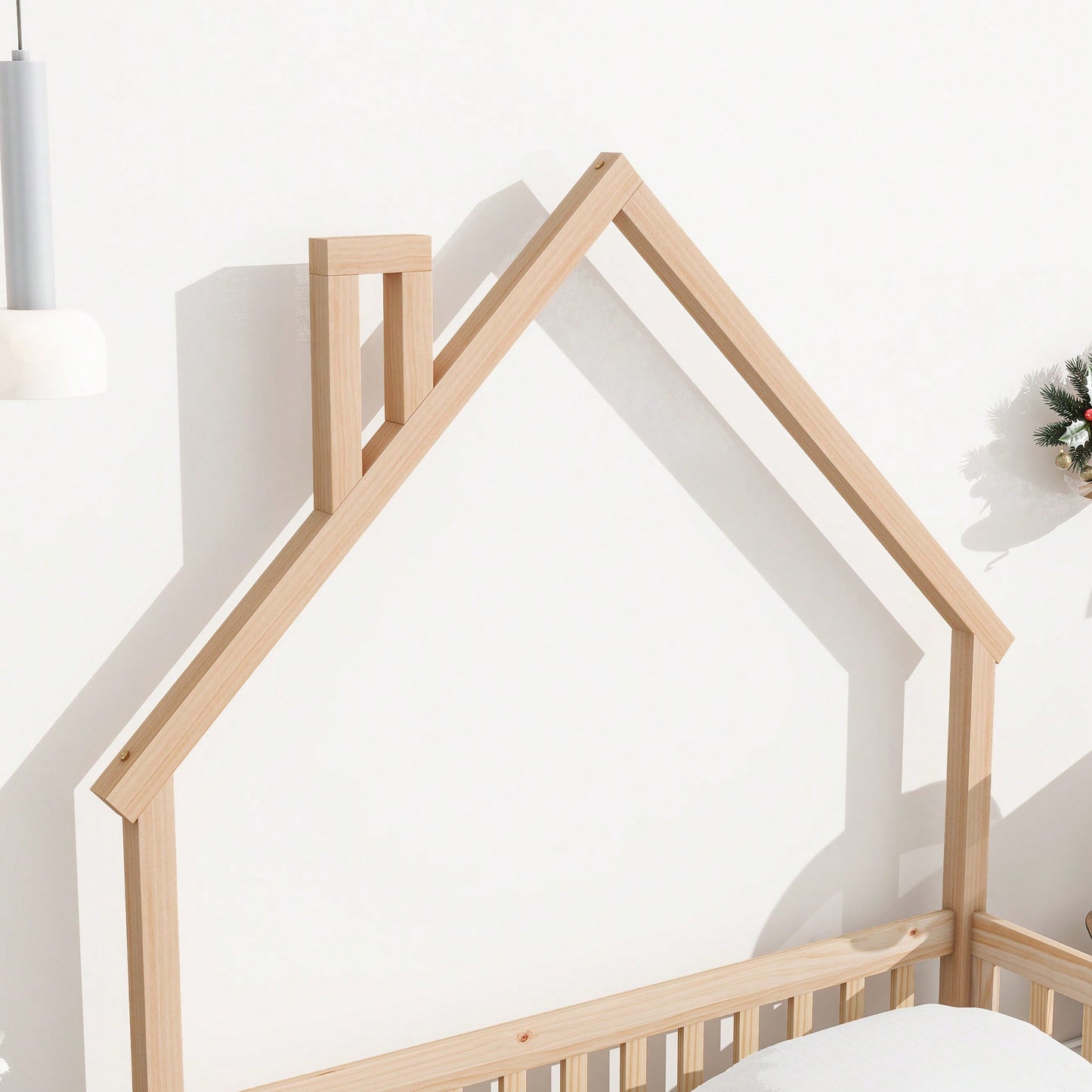 Grey Full House-Shaped Headboard Floor Bed With Safety Fence For Kids Room