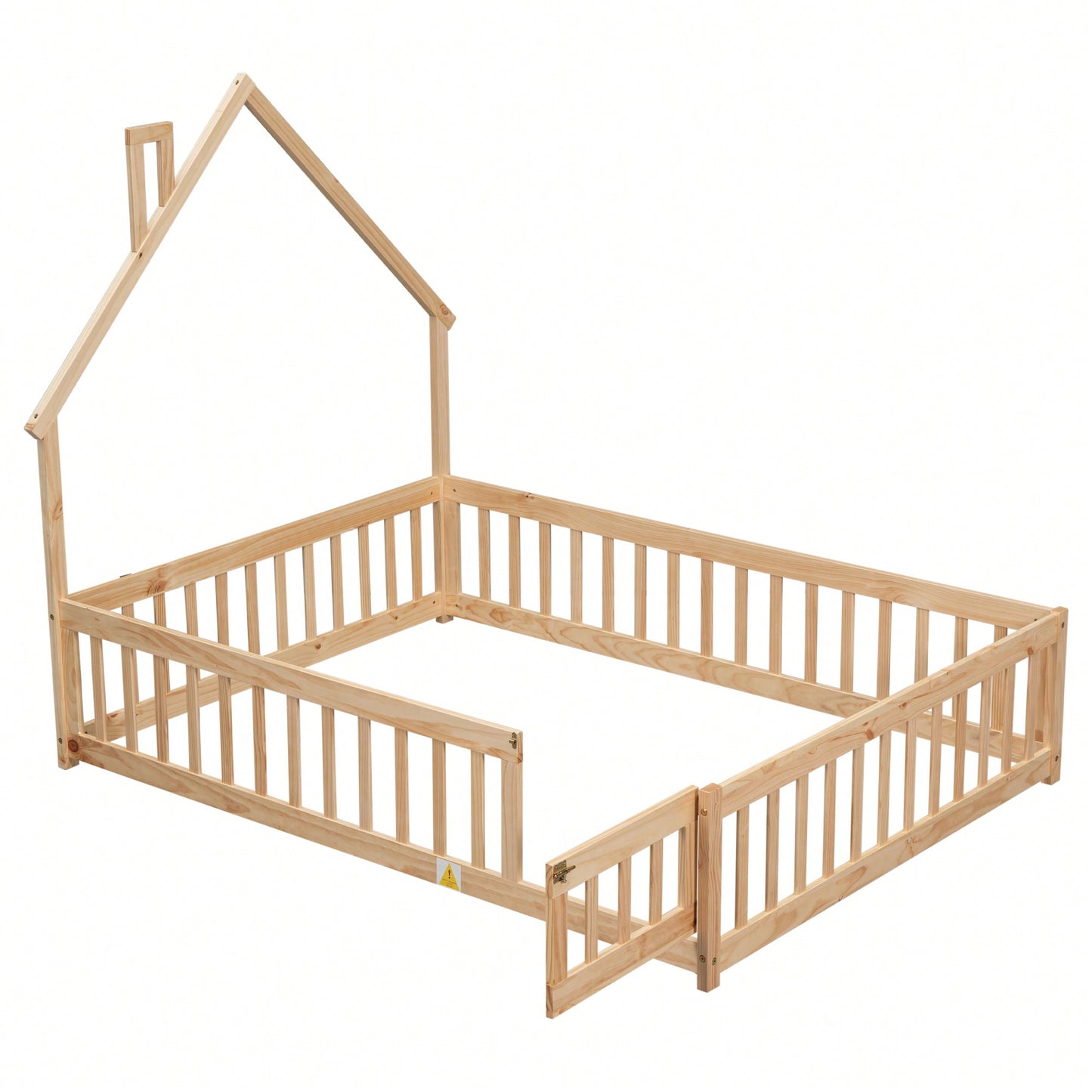 Grey Full House-Shaped Headboard Floor Bed With Safety Fence For Kids Room