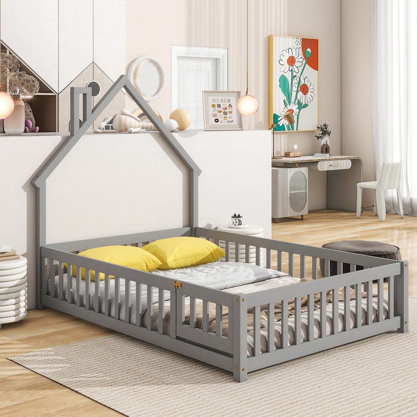 Grey Full House-Shaped Headboard Floor Bed With Safety Fence For Kids Room