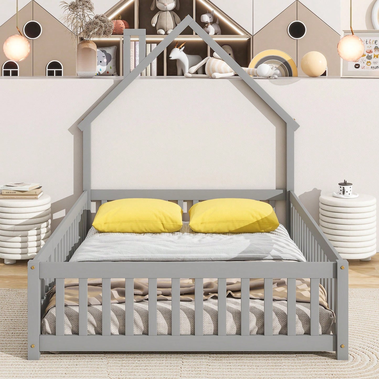 Grey Full House-Shaped Headboard Floor Bed With Safety Fence For Kids Room