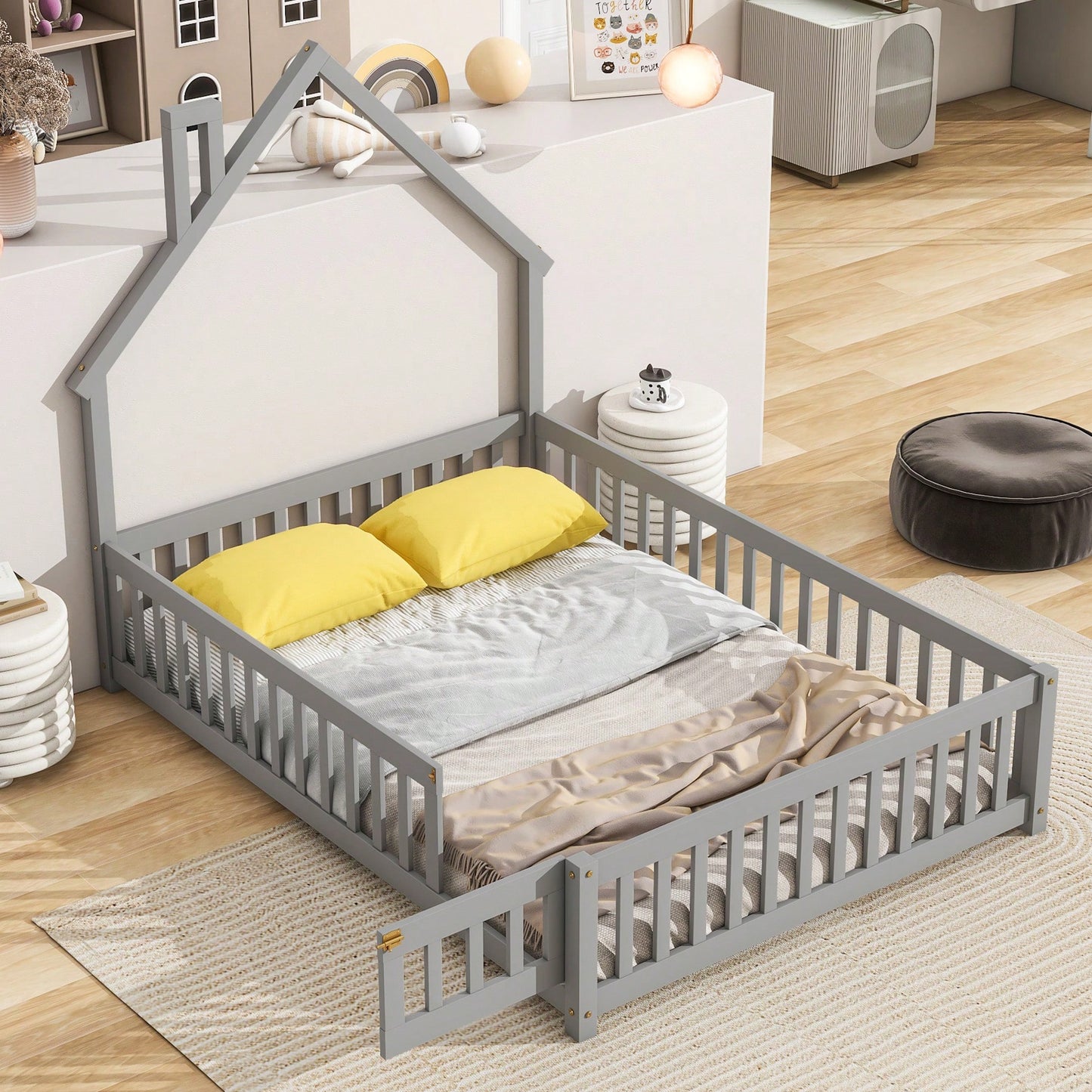 Grey Full House-Shaped Headboard Floor Bed With Safety Fence For Kids Room