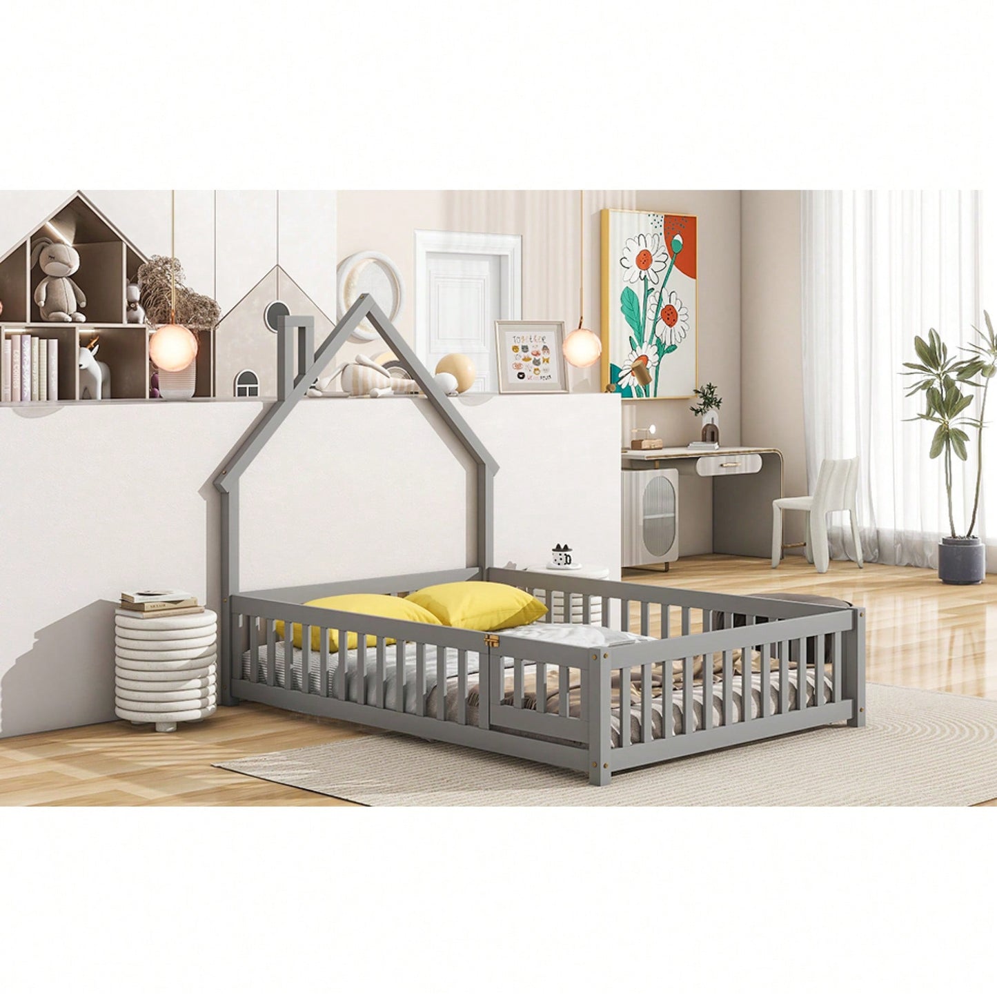 Grey Full House-Shaped Headboard Floor Bed With Safety Fence For Kids Room