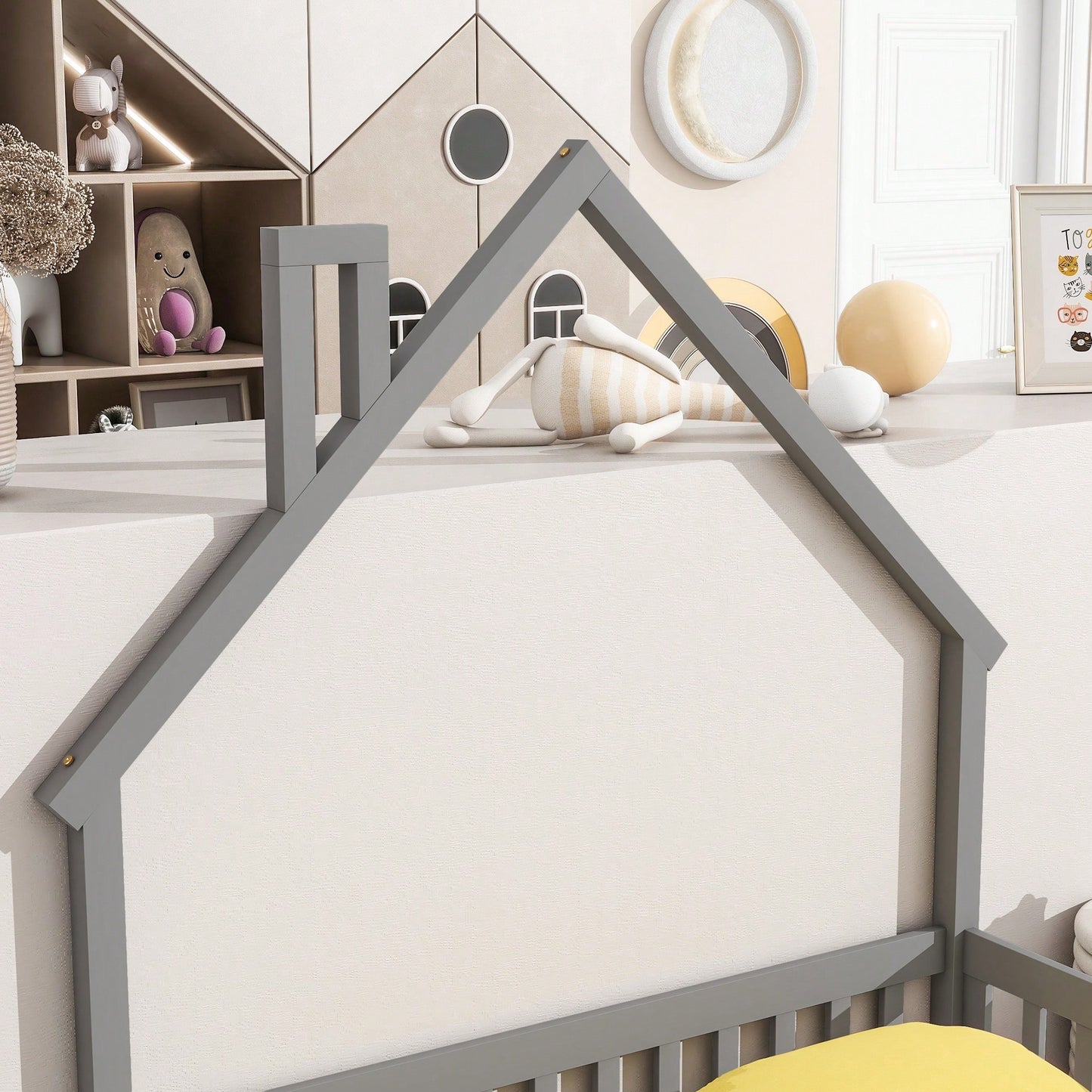 Grey Full House-Shaped Headboard Floor Bed With Safety Fence For Kids Room