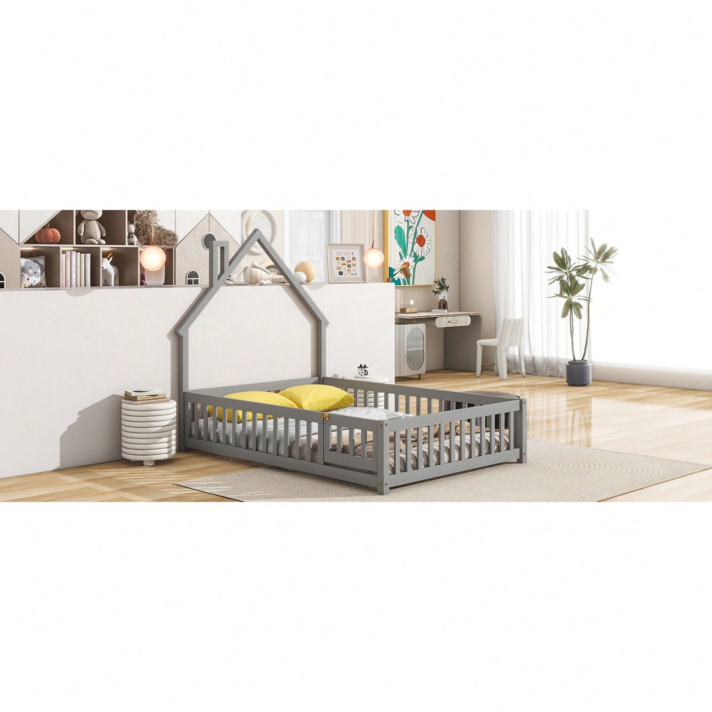 Grey Full House-Shaped Headboard Floor Bed With Safety Fence For Kids Room