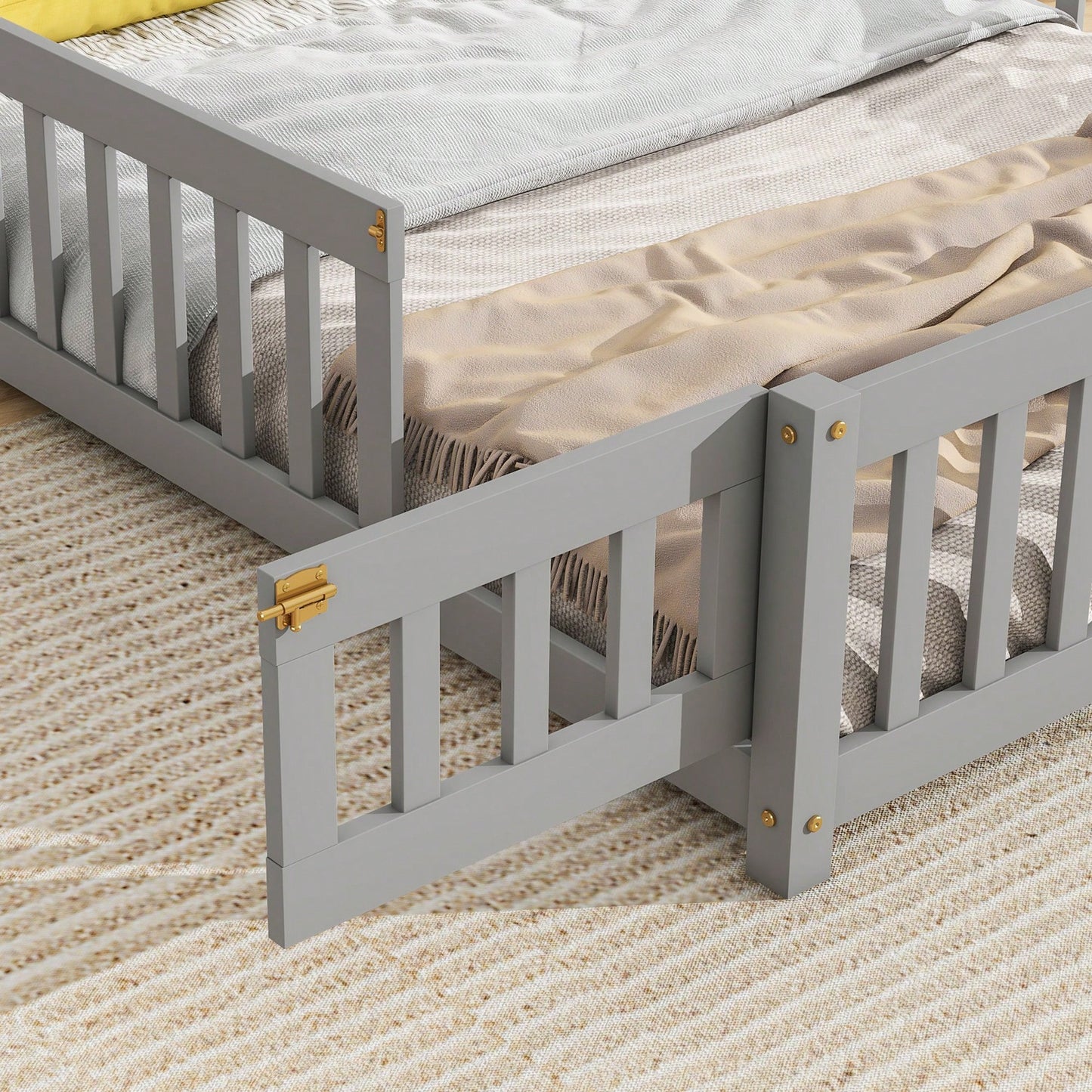 Grey Full House-Shaped Headboard Floor Bed With Safety Fence For Kids Room