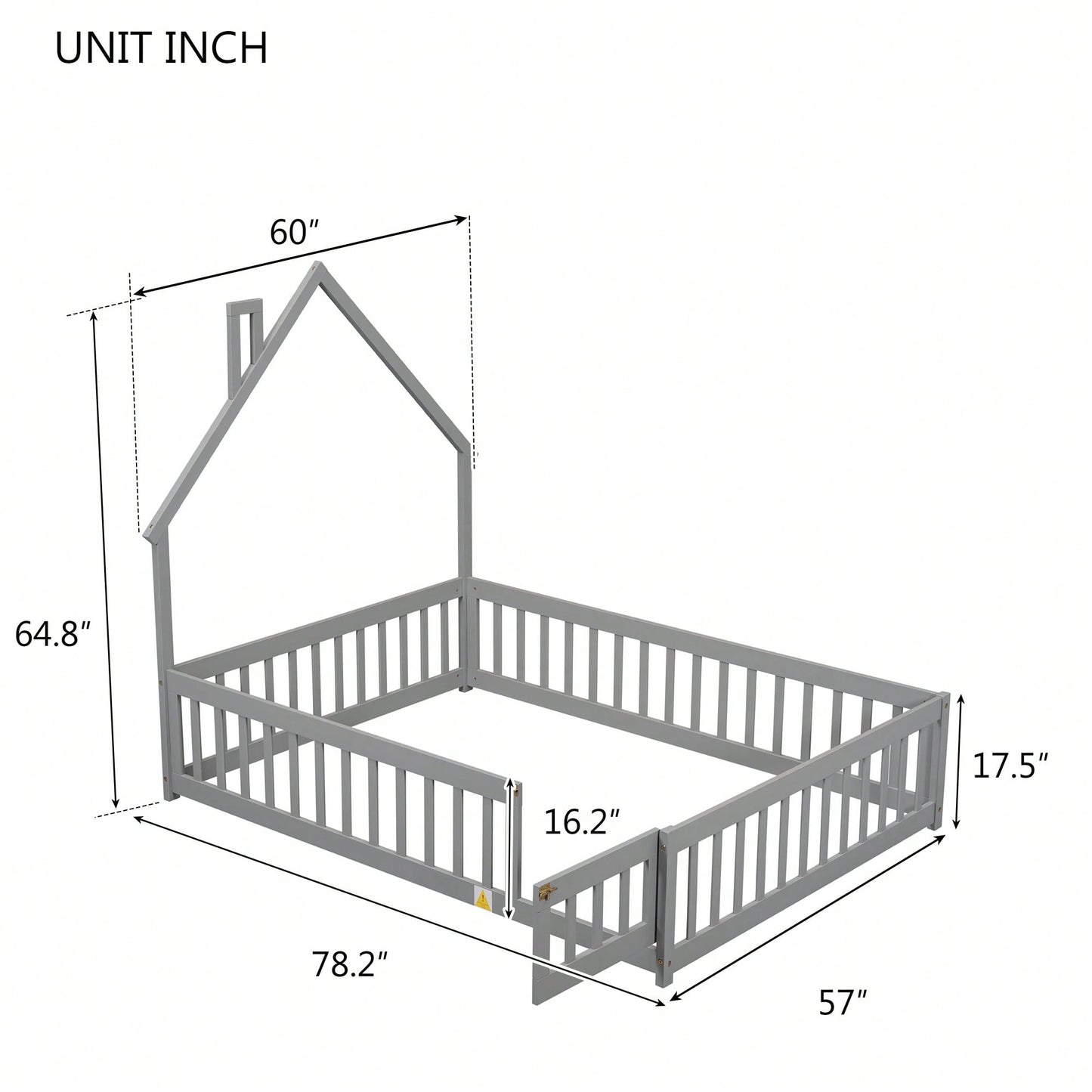 Grey Full House-Shaped Headboard Floor Bed With Safety Fence For Kids Room