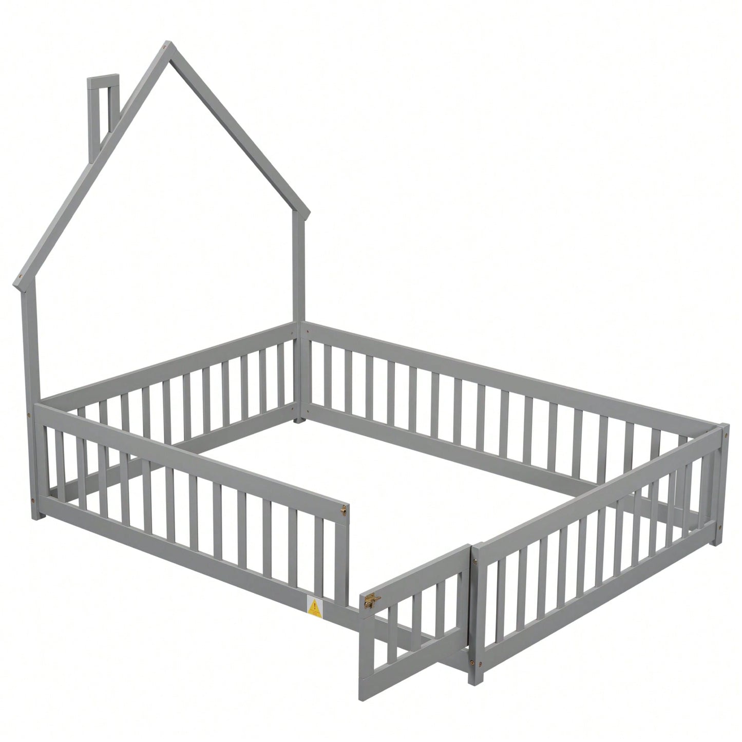 Grey Full House-Shaped Headboard Floor Bed With Safety Fence For Kids Room