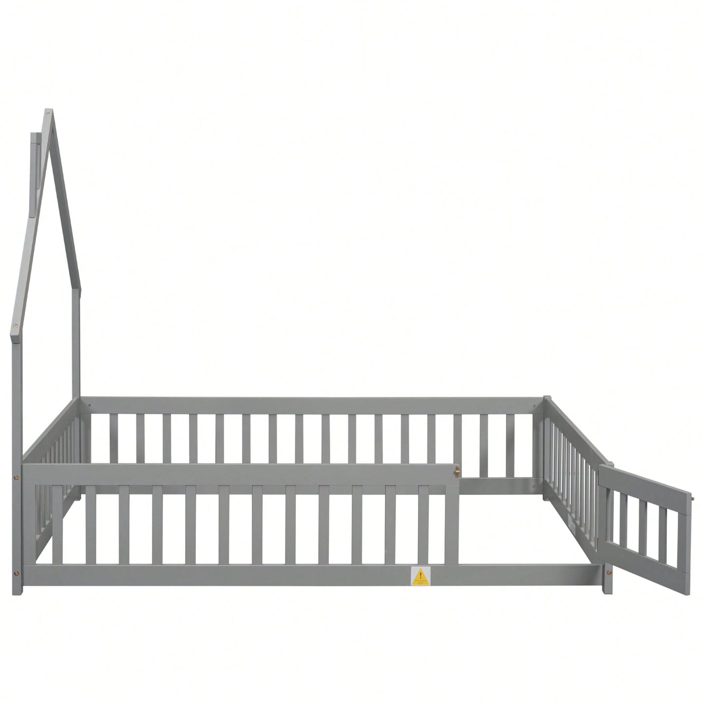 Grey Full House-Shaped Headboard Floor Bed With Safety Fence For Kids Room