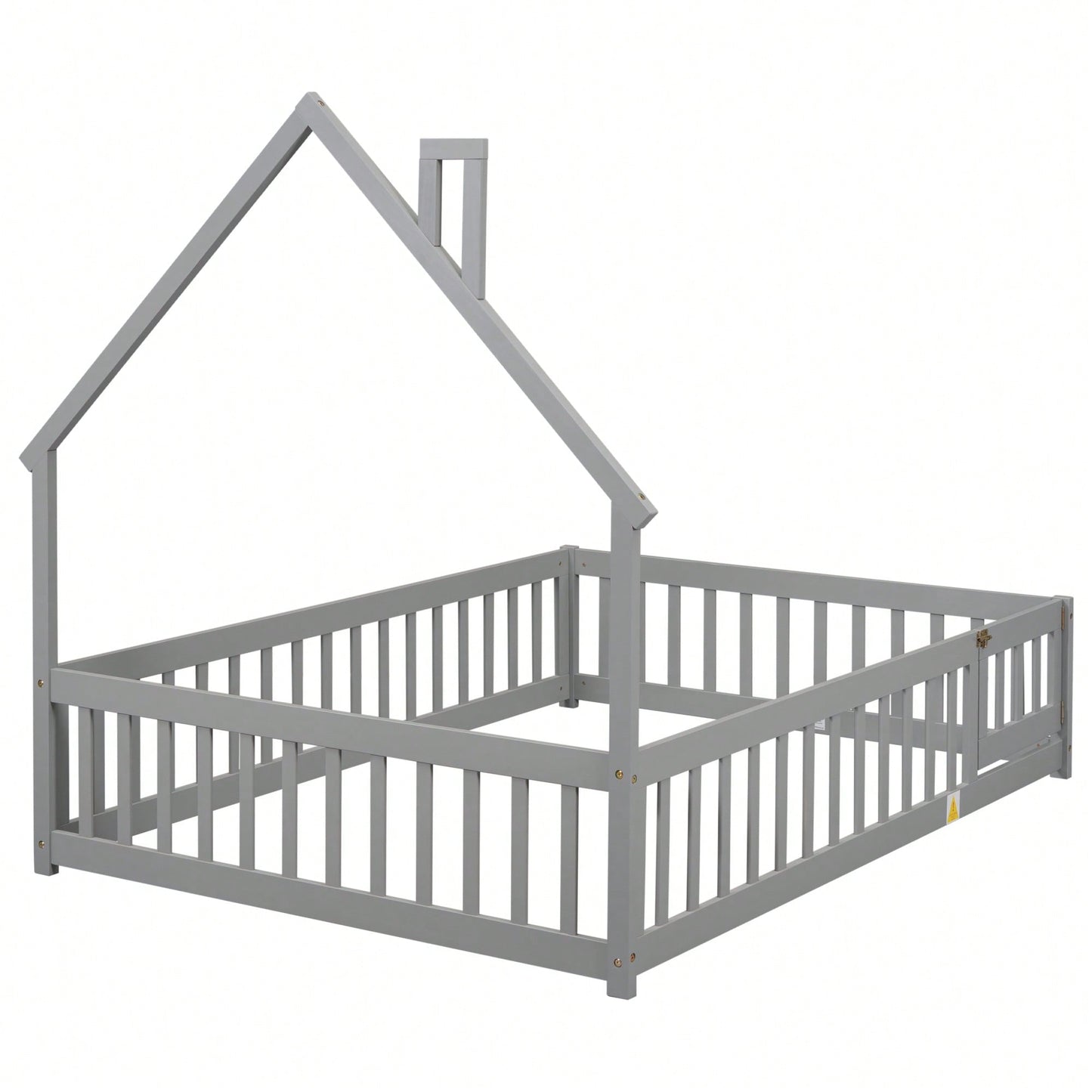 Grey Full House-Shaped Headboard Floor Bed With Safety Fence For Kids Room