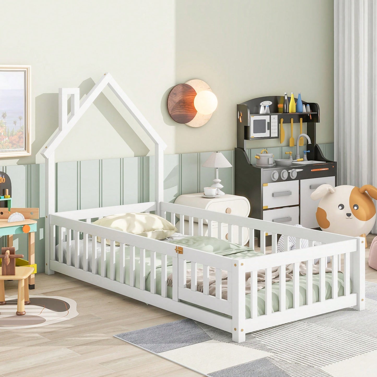 Twin House-Shaped Headboard Floor Bed With Safety Fence In White