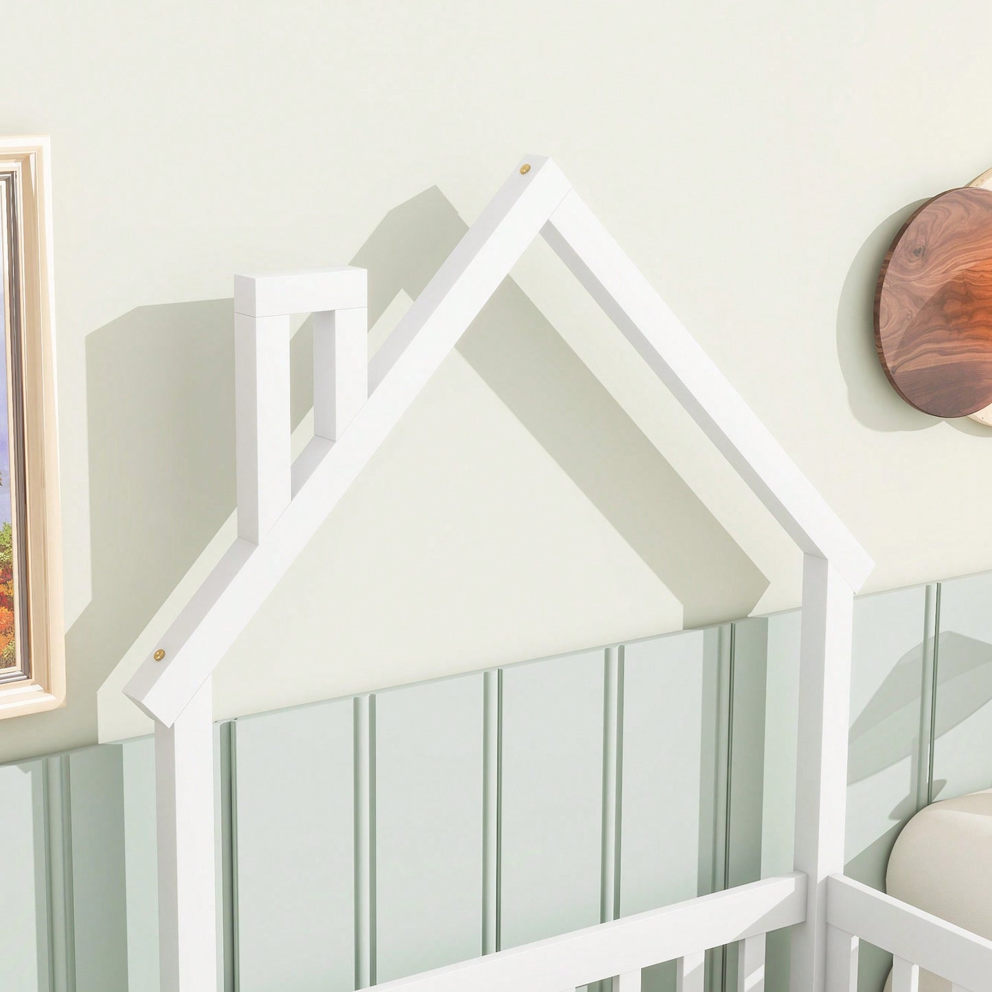 Twin House-Shaped Headboard Floor Bed With Safety Fence In White