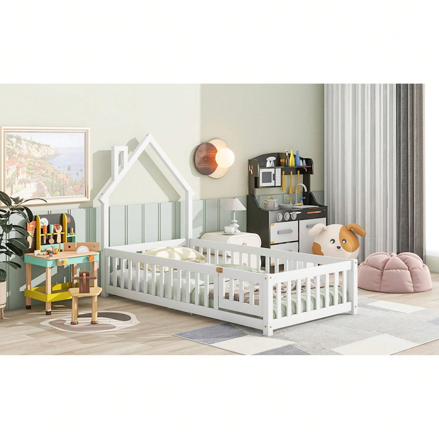 Twin House-Shaped Headboard Floor Bed With Safety Fence In White