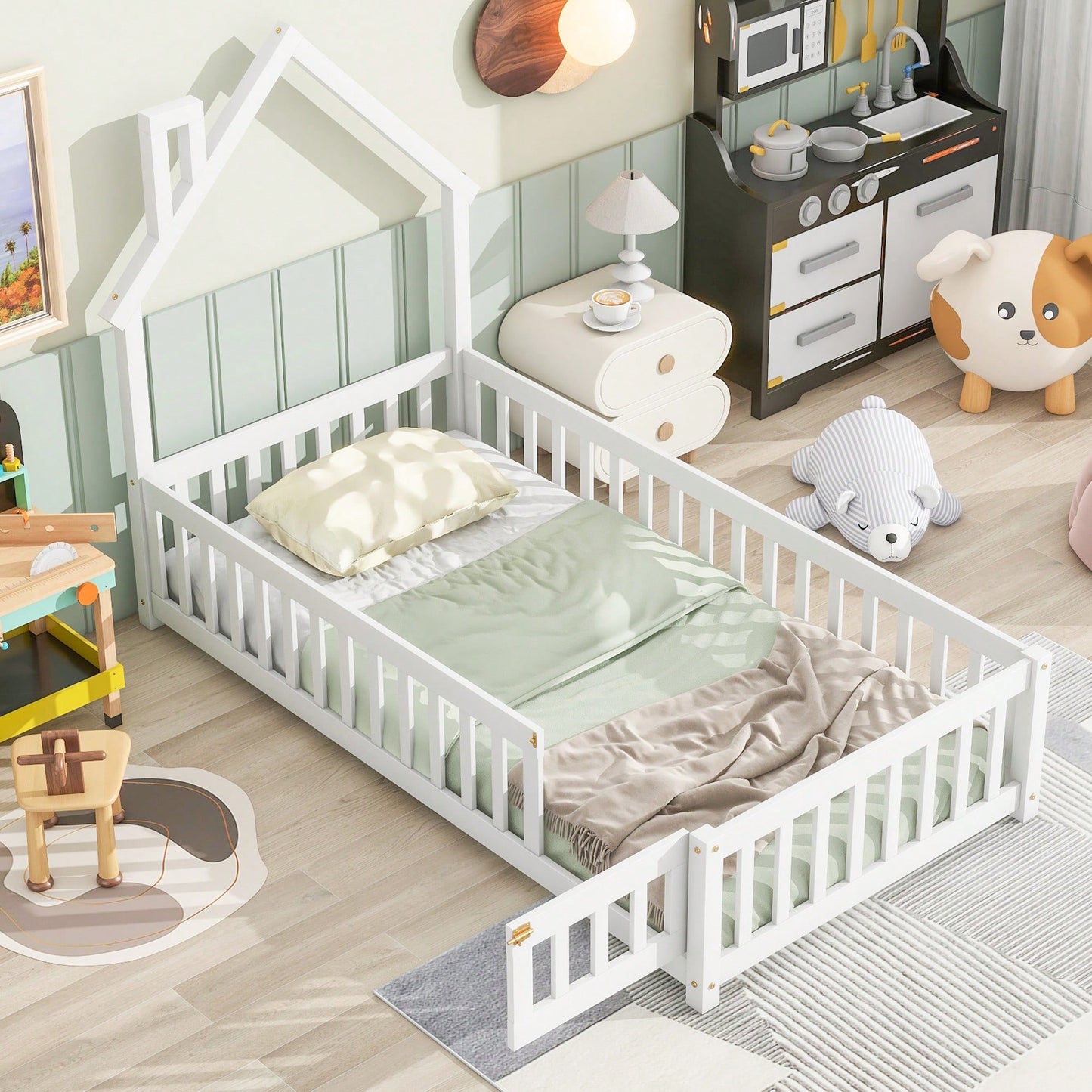Twin House-Shaped Headboard Floor Bed With Safety Fence In White