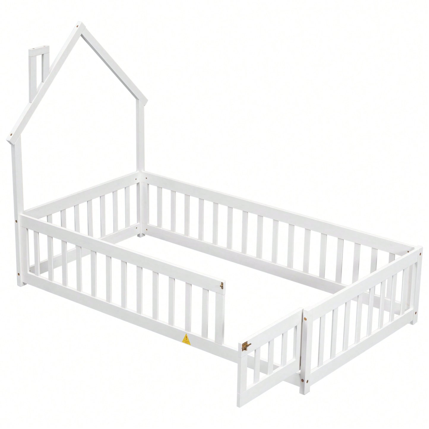 Twin House-Shaped Headboard Floor Bed With Safety Fence In White