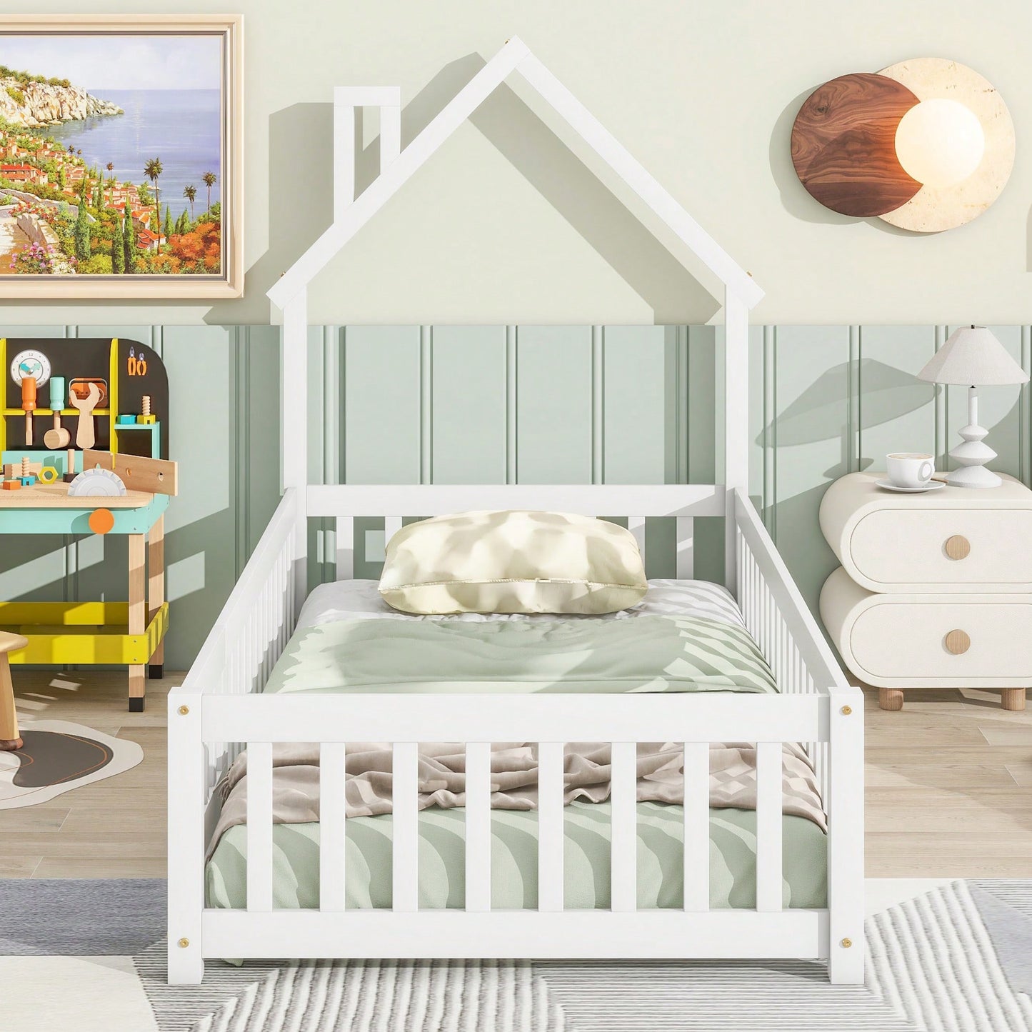Twin House-Shaped Headboard Floor Bed With Safety Fence In White