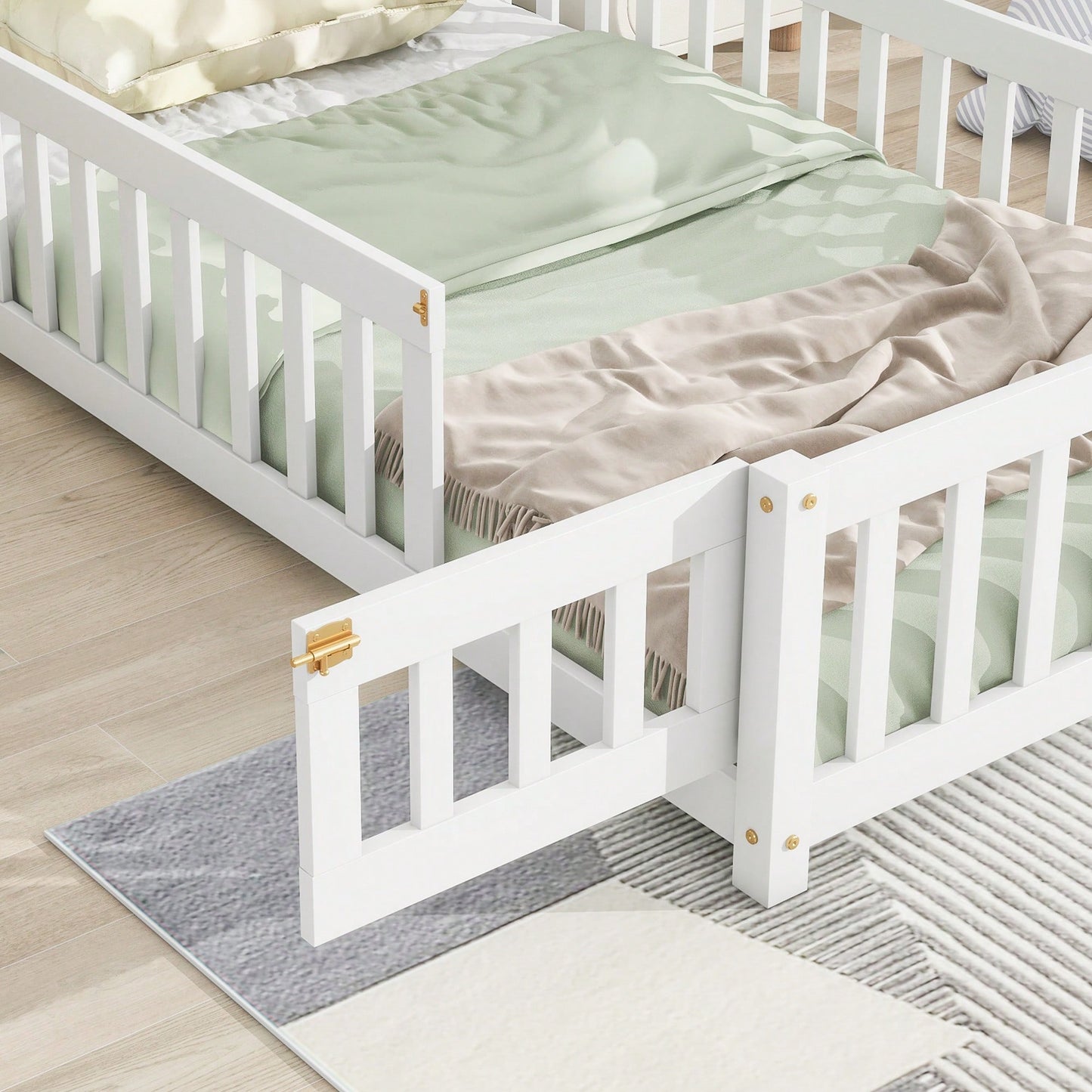 Twin House-Shaped Headboard Floor Bed With Safety Fence In White