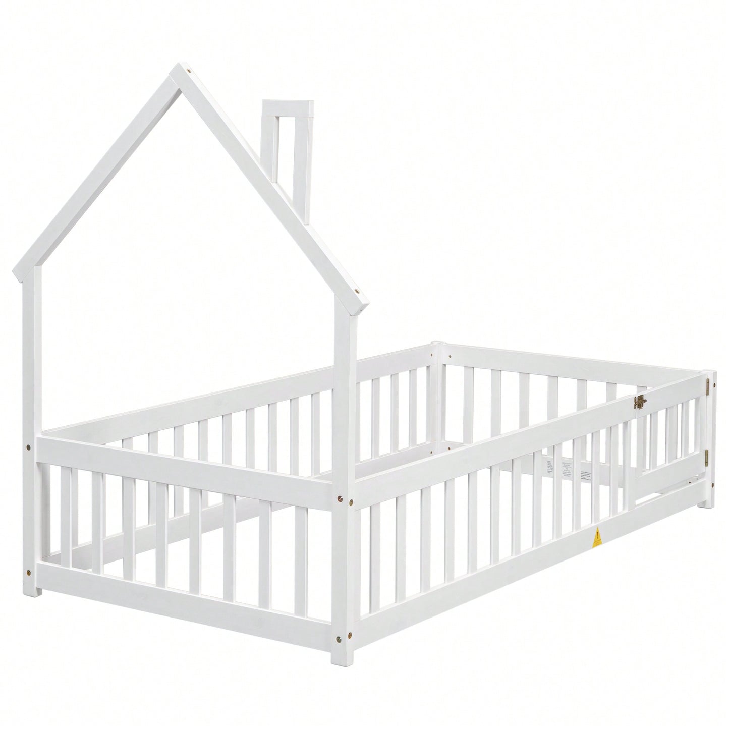 Twin House-Shaped Headboard Floor Bed With Safety Fence In White