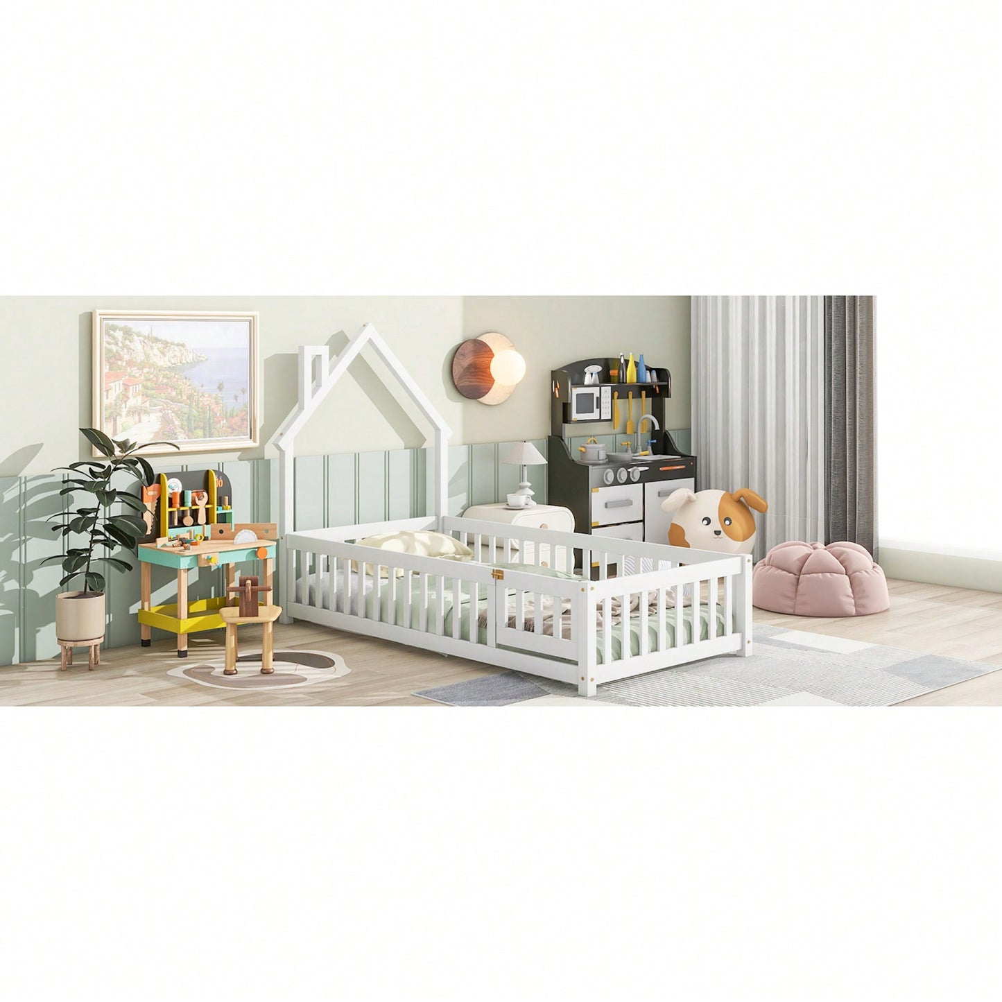 Twin House-Shaped Headboard Floor Bed With Safety Fence In White