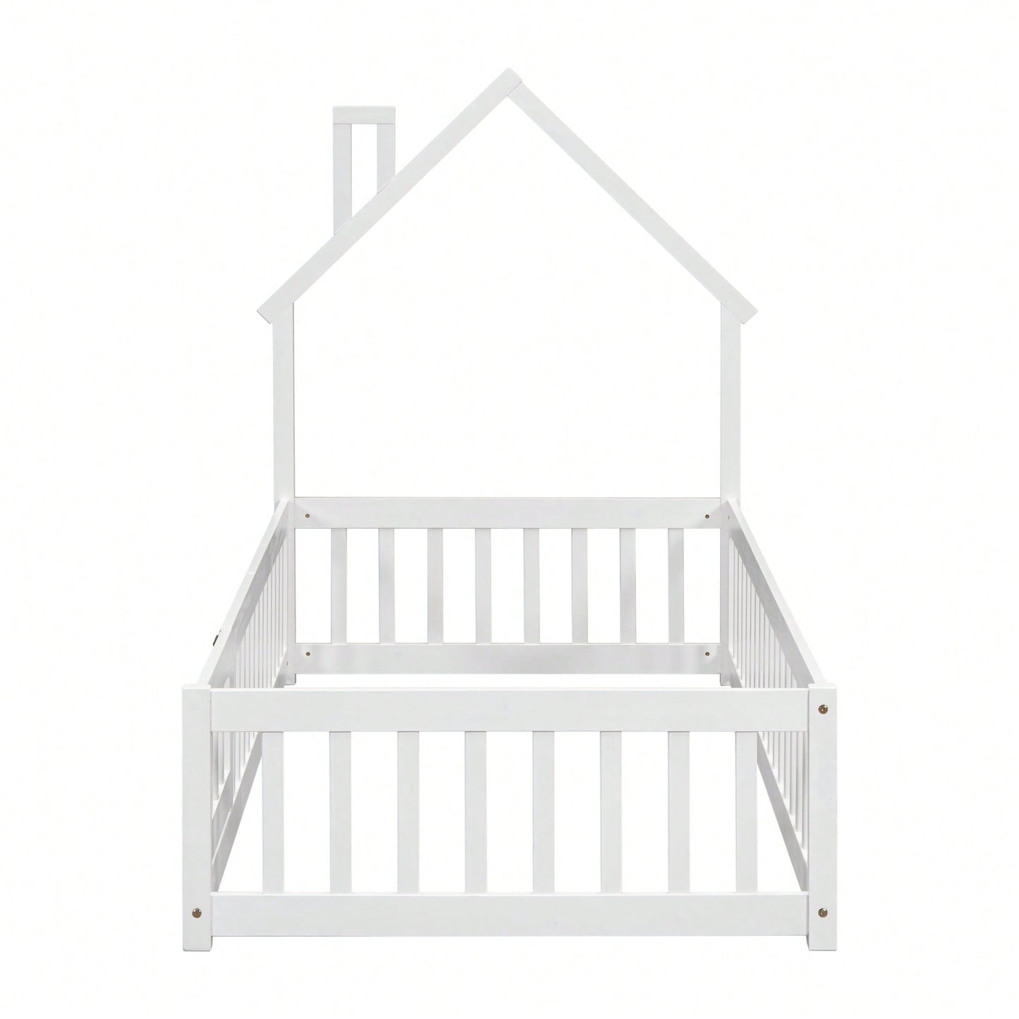 Twin House-Shaped Headboard Floor Bed With Safety Fence In White