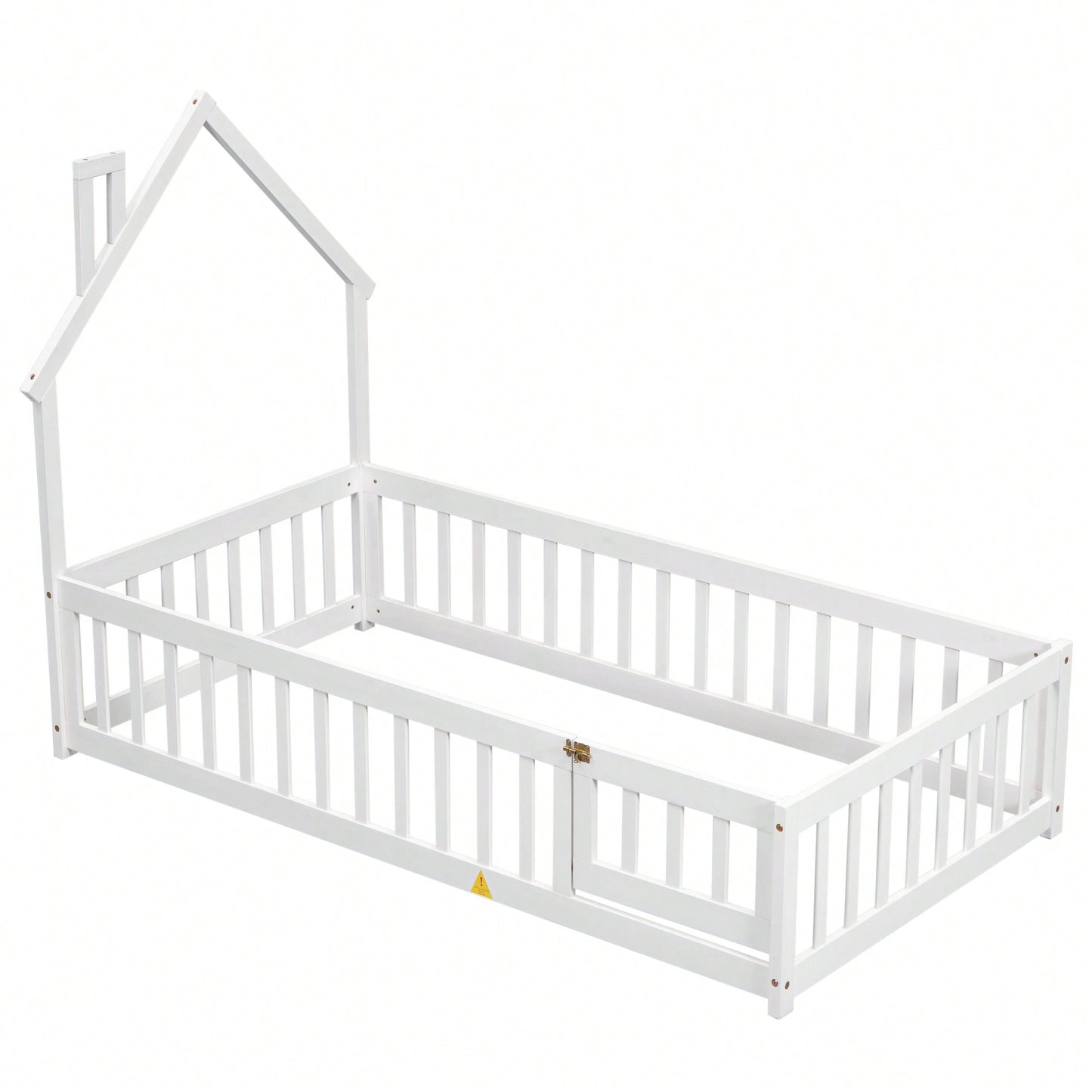 Twin House-Shaped Headboard Floor Bed With Safety Fence In White