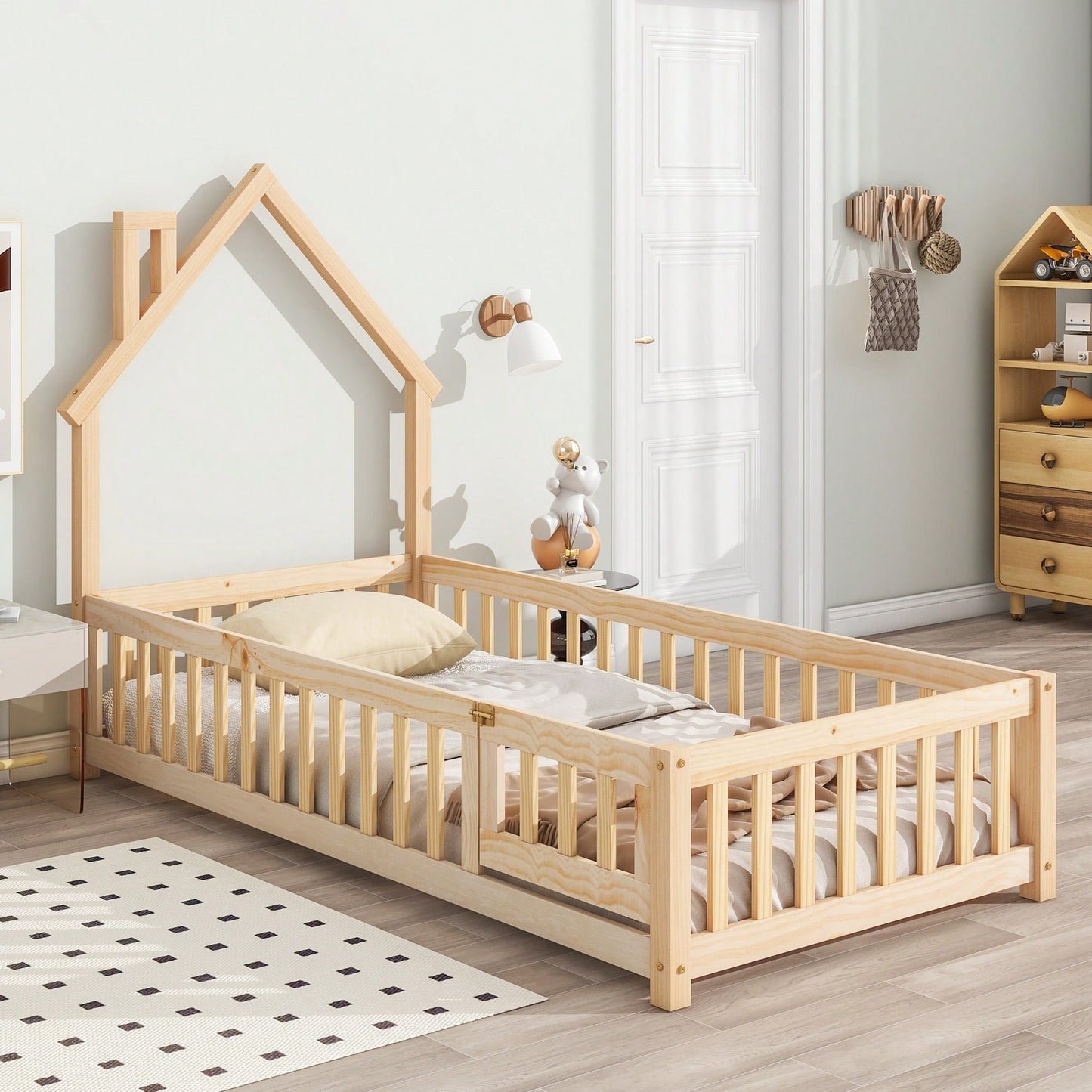 Twin House-Shaped Headboard Floor Bed With Safety Fence In White