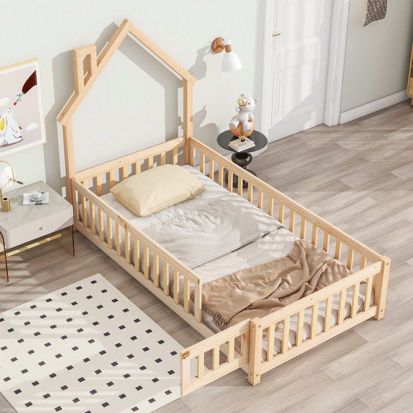 Twin House-Shaped Headboard Floor Bed With Safety Fence In White
