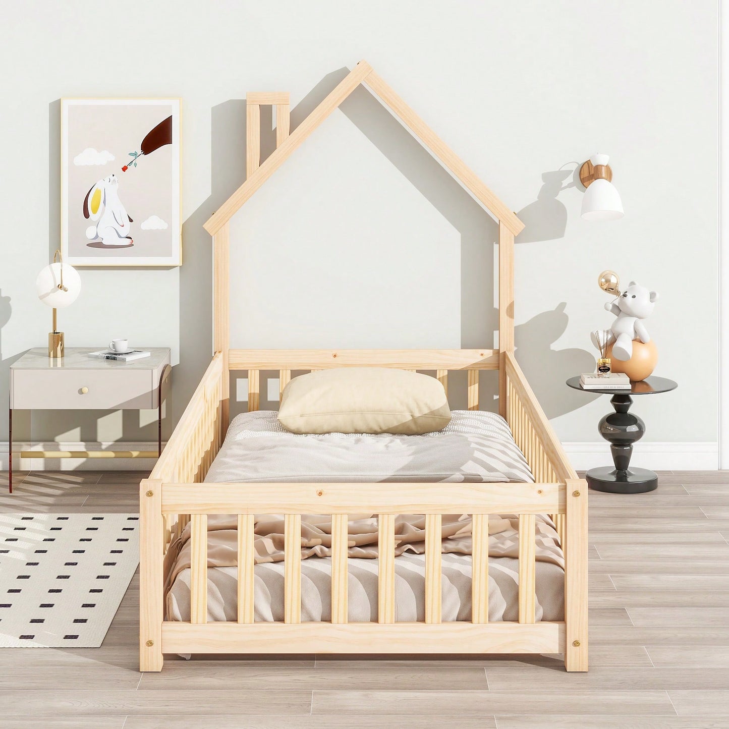 Twin House-Shaped Headboard Floor Bed With Safety Fence In White