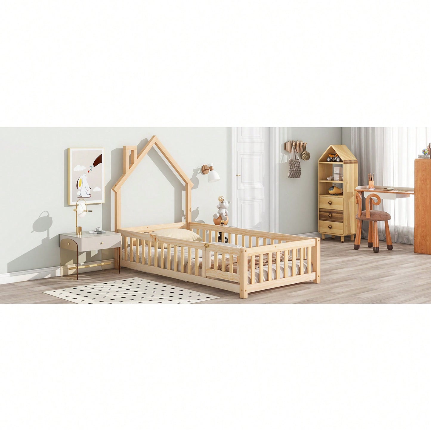 Twin House-Shaped Headboard Floor Bed With Safety Fence In White