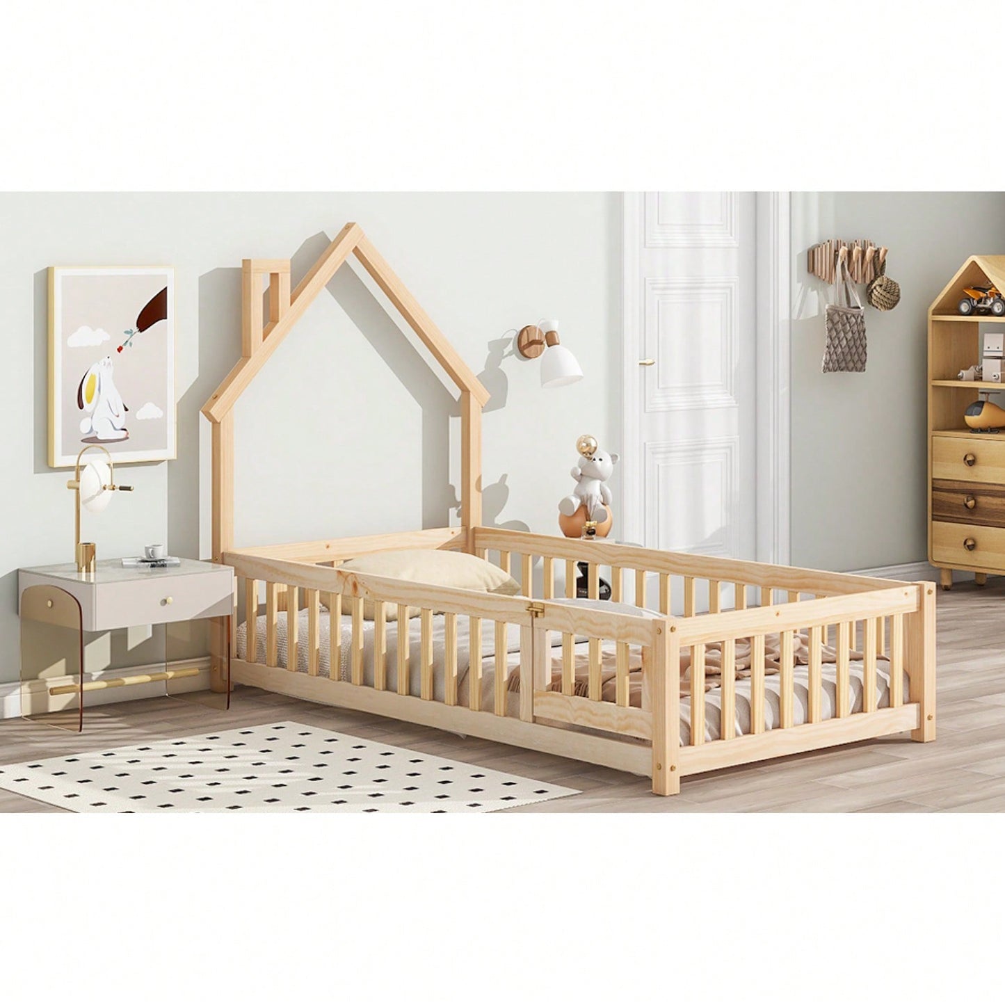 Twin House-Shaped Headboard Floor Bed With Safety Fence In White